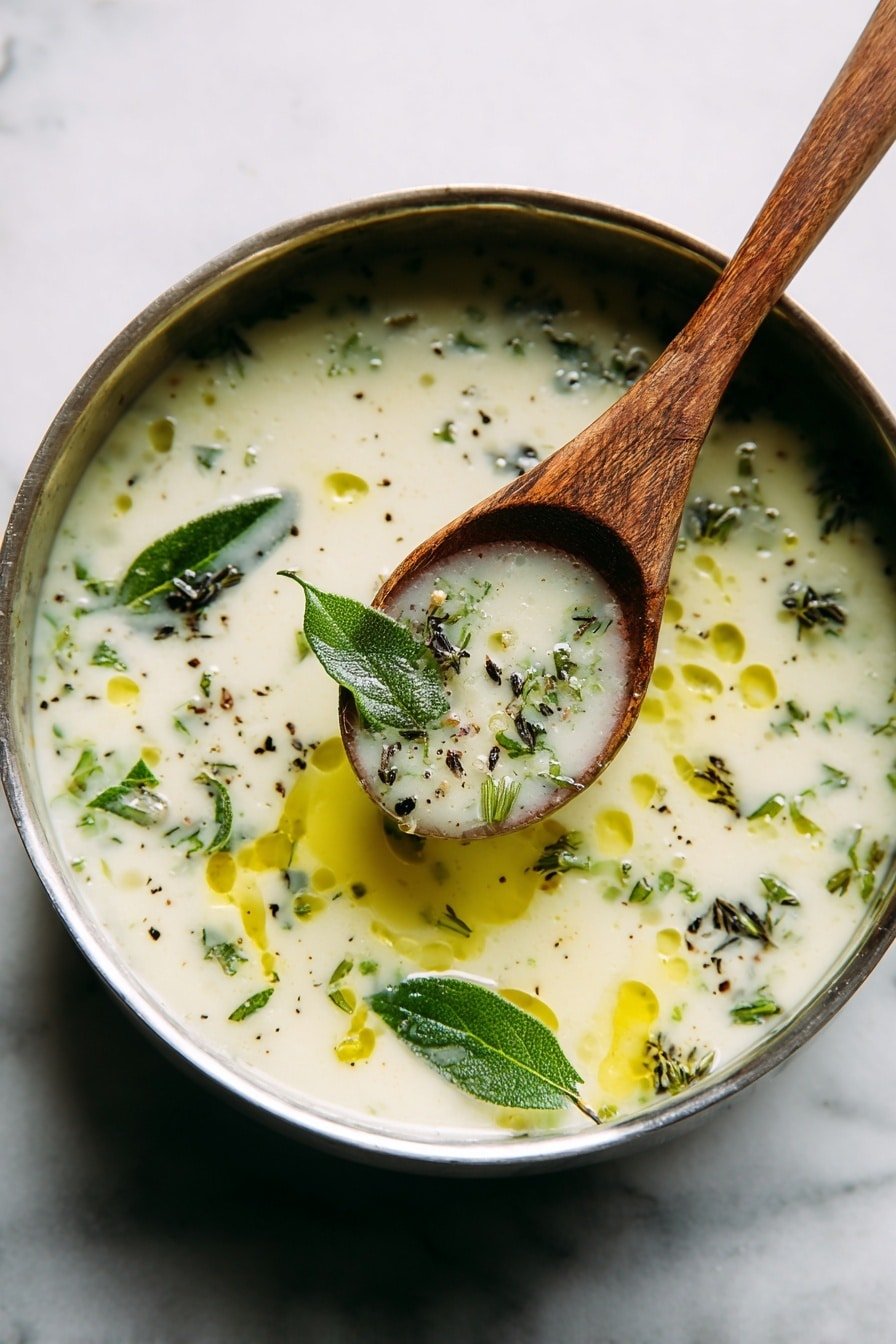 A metal bowl filled with a light cream-colored soup that has small green herb pieces scattered throughout. The soup surface shows droplets of yellow oil, and a wooden spoon lifts some soup, showing a creamy texture with herbs and tiny specks of black pepper. The bowl sits on a white marbled surface. photo taken with an iphone --ar 2:3 --v 7 - Creamy Lemon Butter Sauce, Lemon Butter Sauce recipe, easy lemon sauce, versatile seafood sauce, quick lemon butter topping