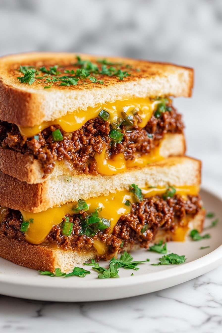 The image shows thick slices of toasted bread with a golden crust as the bottom layer, topped with a thick layer of ground meat sauce that is rich brown and slightly shiny. Above the meat sauce, there is a layer of melted cheese that is creamy white and light yellow, slightly bubbling and spread unevenly to reveal some meat underneath. Small pieces of green herbs are sprinkled on top of the cheese and around the bread for color contrast. The toast pieces are placed on a dark wooden surface, and the image captures a close-up view with a shallow depth of field. Photo taken with an iphone --ar 2:3 --v 7 - Cheesy Sloppy Joes on Texas Toast, cheesy sloppy joes, Texas toast sloppy joe, hearty sloppy joe sandwiches, quick cheesy lunch ideas