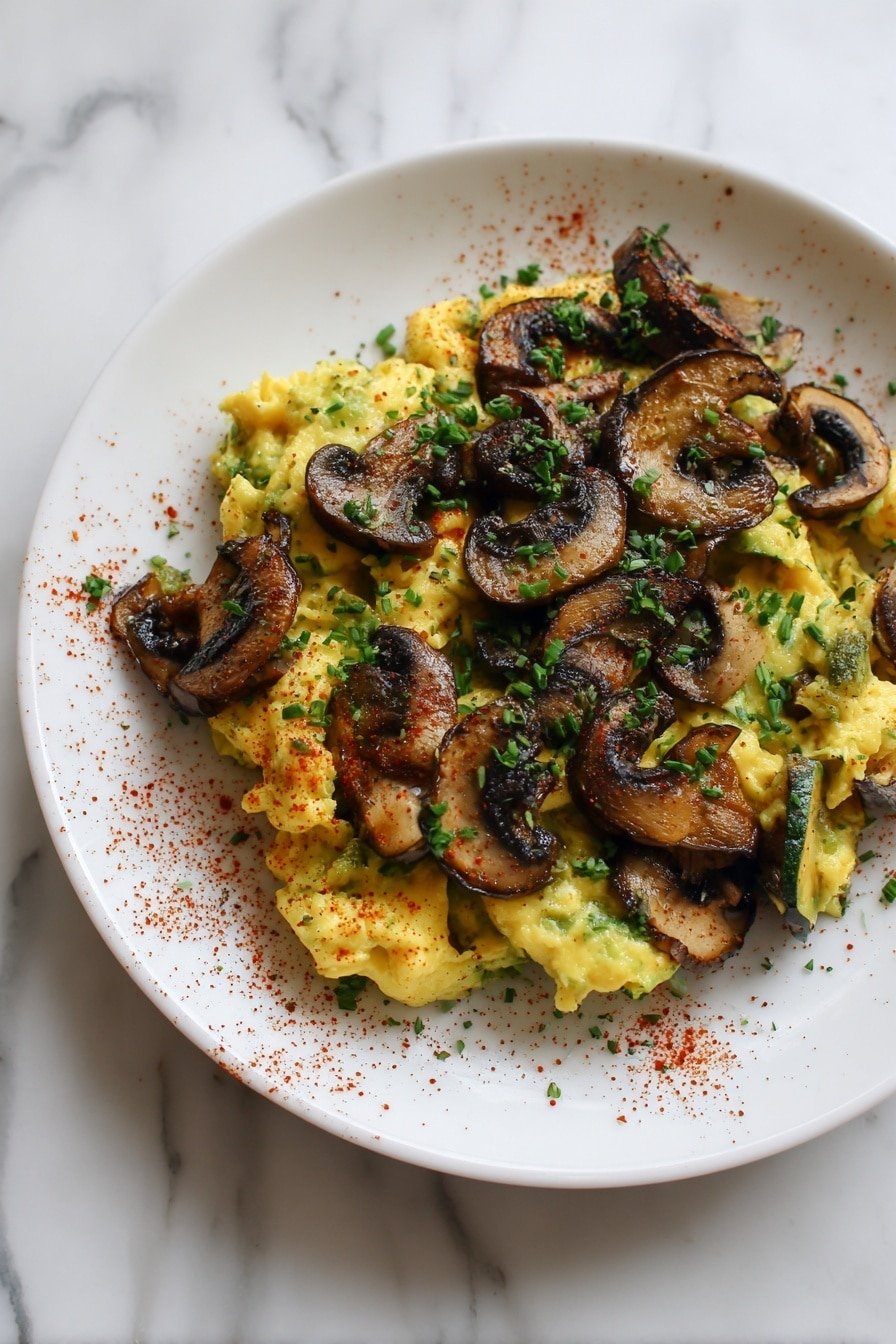 A white plate holds a dish with two main layers: at the bottom, light yellow scrambled eggs mixed with green zucchini slices, creating a soft, uneven texture; on top, dark brown sautéed mushroom slices scattered unevenly, some overlapping each other. The dish is sprinkled with finely chopped green herbs and a light dusting of red spice that adds color contrast. The plate rests on a white marbled surface. photo taken with an iphone --ar 2:3 --v 7 - Veggie Zucchini and Mushroom Egg Scramble, healthy veggie breakfast, quick egg scramble recipe, easy brunch breakfast, nutritious vegetable scramble