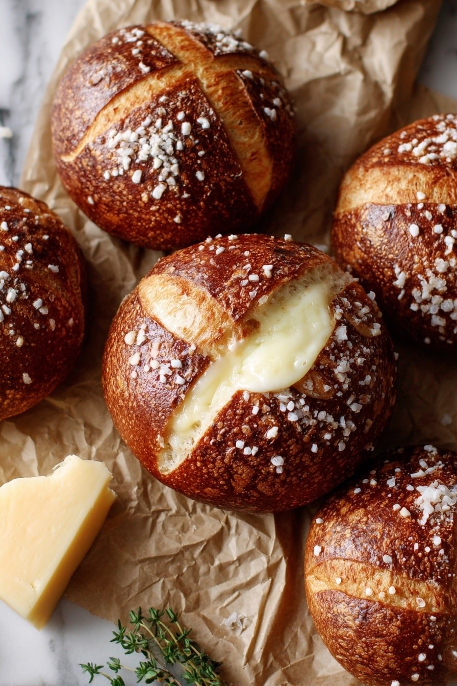The image shows a close-up of a golden-brown pretzel roll with a shiny, smooth crust covered in coarse salt pieces on top. The roll is slightly open in the middle, revealing a soft, melty white cheese layer oozing out from between the top and bottom halves. Around the main pretzel roll, there are several more similar rolls with the same golden surface and salt sprinkles, all placed on a white marbled textured surface. The lighting highlights the textures and the warm color of the bread and cheese. photo taken with an iphone --ar 2:3 --v 7 - Mozzarella Stuffed Soft Pretzels, cheesy soft pretzels, homemade pretzel recipe, soft pretzel snack, easy pretzel appetizer