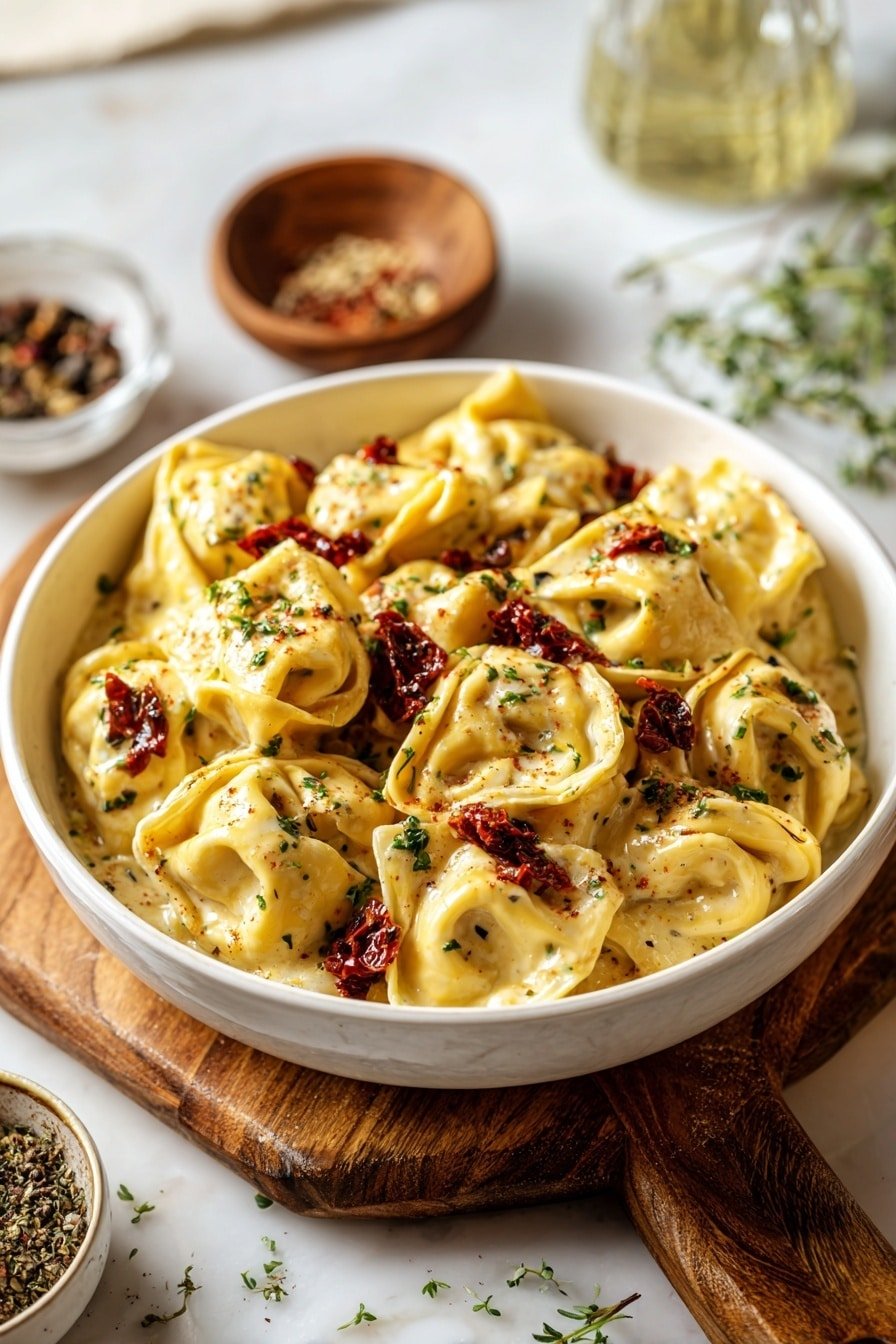 A round white bowl filled with small round pasta stuffed and covered in a thick creamy light beige sauce. The pasta pieces are soft and shiny, some facing up and some sideways. Red chili flakes and small green herb pieces are sprinkled evenly on top of the pasta and sauce. The bowl sits on a wooden board. Around the bowl, there are small bowls with spices and some red chili pieces scattered. The background shows a white marbled surface with soft natural lighting. photo taken with an iphone --ar 2:3 --v 7 - Creamy Garlic Chicken Tortellini, creamy garlic chicken pasta, easy chicken tortellini dinner, quick comfort food recipes, savory chicken tortellini