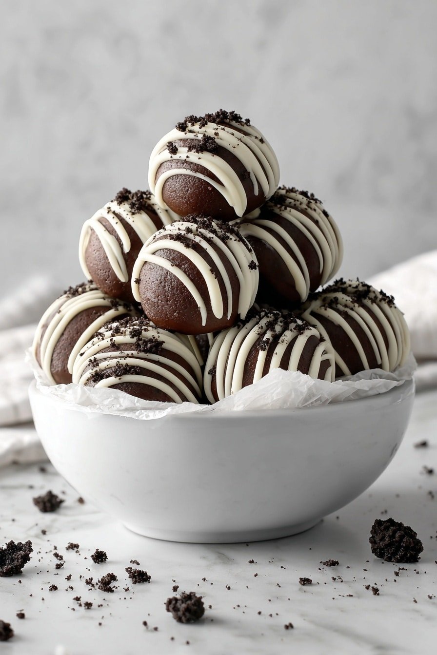 A white round plate holds a pile of round white balls covered with small black cookie crumbs scattered all over their surface. Each ball has thin light cream and dark brown lines drizzled diagonally on top, adding layers of texture and color. The balls are stacked in a loose pyramid shape, with some resting on the plate and others leaning against each other. The background shows a blurred white marbled texture with hints of green from a plant out of focus. The scene is softly lit, highlighting the smooth, creamy texture and crumbly details of the balls. photo taken with an iphone --ar 2:3 --v 7 - No-Bake Oreo Protein Balls, Oreo Protein Bites, Healthy Oreo Snack, Quick Protein Snacks, Easy No-Bake Treats