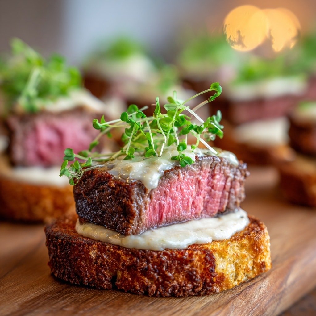 The image shows small pieces of dark, grilled meat with a juicy pink center, placed on toasted slices of golden brown bread with sesame seeds. Each piece of meat has a dollop of creamy sauce with green herbs on top, and is garnished with bright green fresh greens like arugula and chives. These are arranged in rows on a dark gray slate platter set on a white marbled surface. The focus is close, making the meat and sauce look tender and rich. photo taken with an iphone --ar 1:1 --v 7 - Beef Tenderloin Parmesan Crostini, beef appetizer ideas, easy elegant appetizers, fancy brunch starters, gourmet crostini recipes
