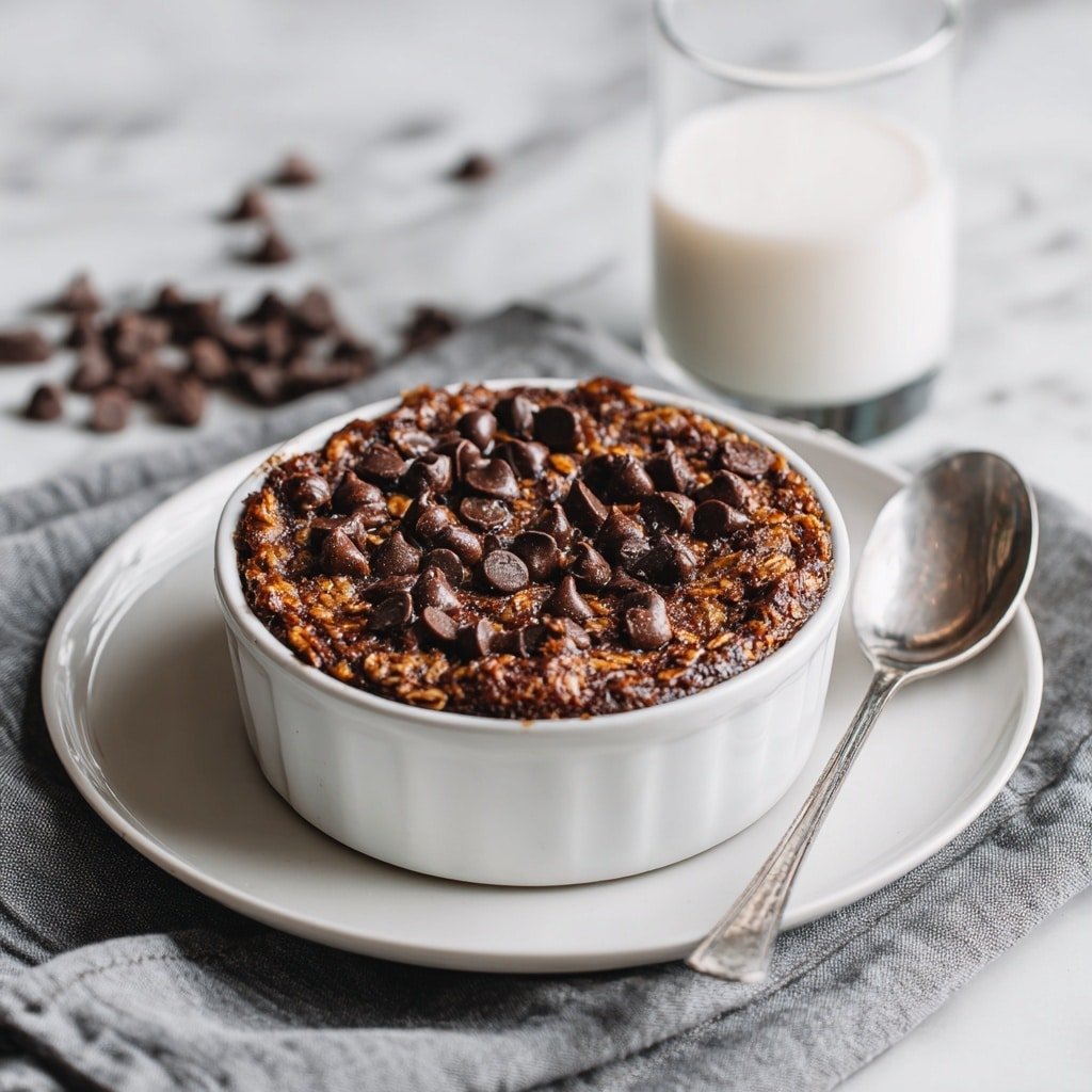 A single bowl of baked chocolate oatmeal takes center stage, filled to the top with a textured brown oatmeal base that looks soft and moist, studded with unevenly scattered glossy dark chocolate chips, some melted slightly, creating contrast in color and texture. The white bowl sits on a round brown plate, with part of a spoon resting beside it, all placed on a white marbled surface. In the background, there is a blurry glass of milk and a few chocolate chips scattered, adding simple detail to the scene. The lighting is warm, emphasizing the rich chocolate and baked oats' textures. photo taken with an iphone --ar 1:1 --v 7 - Chocolate Banana Baked Oats, healthy baked oats with chocolate and bananas, easy breakfast baked oats, nourishing chocolate oatmeal bake, quick banana chocolate oats