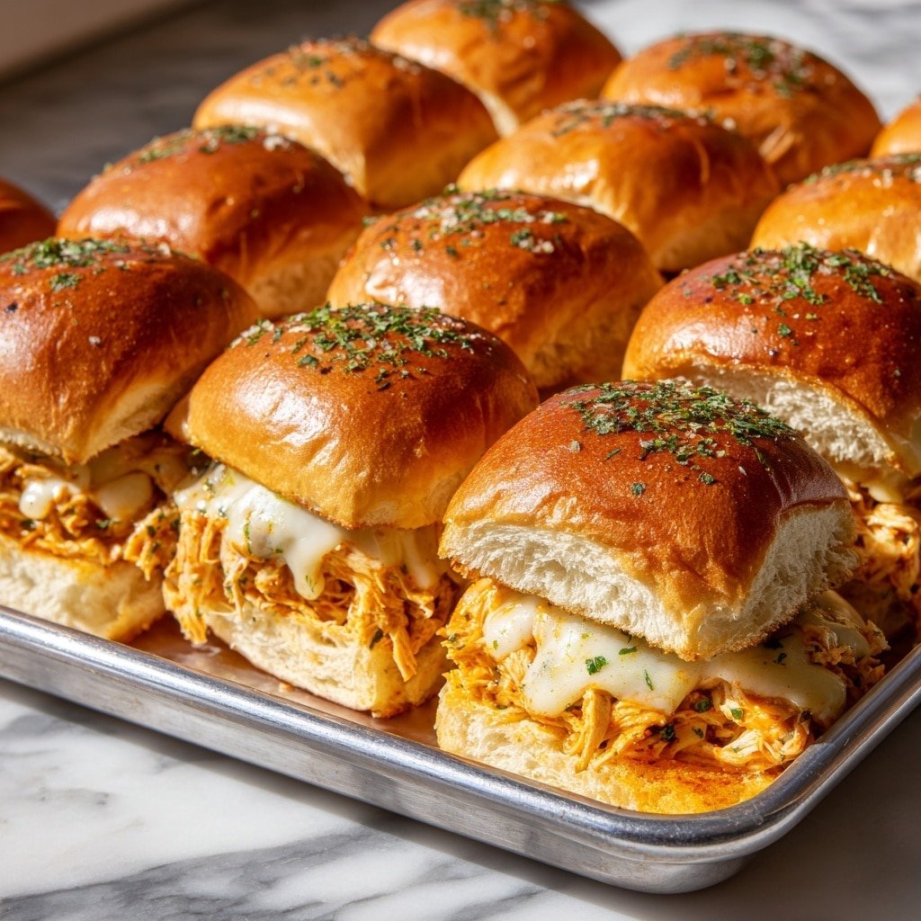 The image shows a close view of several soft sandwiches arranged in rows on a metal tray. Each sandwich has three main layers: a shiny golden brown top bun sprinkled with green herbs, a middle layer of shredded orange-colored chicken mixed with melted white cheese and some herbs, and a bottom bun that is light golden and fluffy. The sandwiches are tightly packed, and some cheese is melting and stretching slightly between the buns. The tray is set on a white marbled surface, and bright light shines on the sandwiches, highlighting their texture and moistness. Photo taken with an iphone --ar 1:1 --v 7 - Buffalo Chicken Slider Bake, spicy chicken sliders, cheesy buffalo chicken casserole, easy game day appetizers, crowd-pleasing chicken sliders