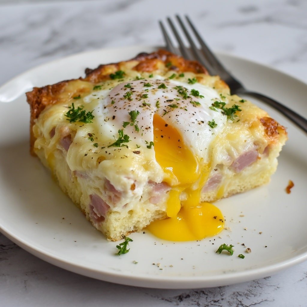 A thick square piece of golden-brown bread pudding with visible layers inside showing chunks of pink ham and soft yellow bread. On top sits a round, shiny poached egg with a slightly broken yolk that flows down the sides. The dish is drenched in a smooth, creamy pale yellow sauce that covers the egg and drips down the sides, pooling on the white plate. Small green herbs are sprinkled on top and around for color. The plate rests on a white marbled surface. Photo taken with an iphone --ar 1:1 --v 7 - Eggs Benedict Casserole Bake, brunch casserole recipes, make-ahead breakfast ideas, savory breakfast casserole, easy holiday brunch dishes