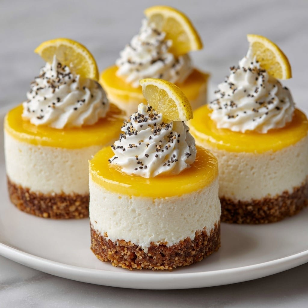 There are four small round cheesecakes on a white plate with a white marbled background. Each cheesecake has three layers: the bottom layer is a crumbly brown crust, the middle layer is a thick, smooth white cream cheese filling, and the top layer is a shiny, bright yellow lemon glaze. On top of each cake, there is a small swirl of white whipped cream sprinkled with tiny black poppy seeds and a thin lemon slice placed upright. The photo was taken with an iphone --ar 1:1 --v 7 - Lemon Cheesecake Bites, lemon cheesecake bites recipe, mini lemon cheesecakes, tangy cheesecake desserts, easy lemon dessert ideas