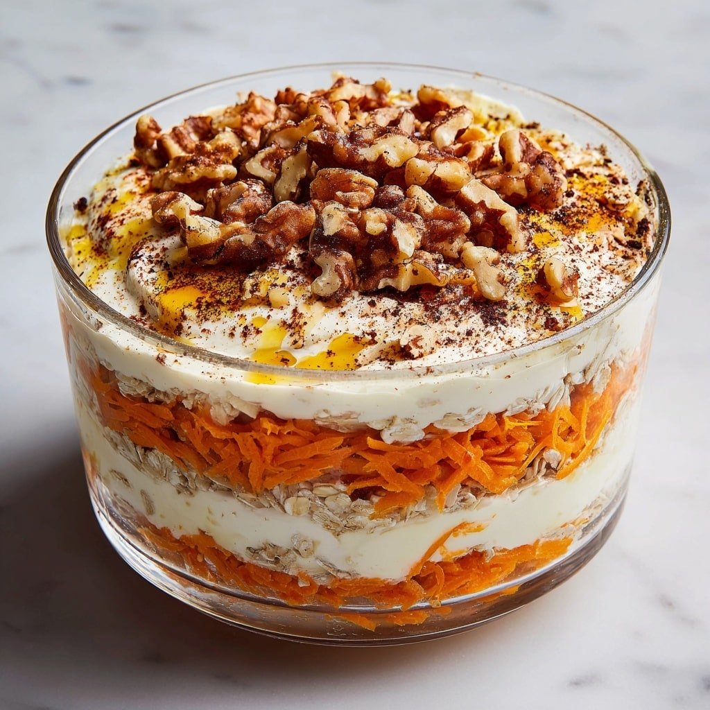 A clear glass bowl holds three main layers: the bottom layer is a creamy mix with specks of oats and nuts in light beige and off-white colors; the middle layer is creamy white, topped directly by a bright orange shredded carrot layer that fills up most of the bowl's upper half; on top, there is a dollop of smooth white cream with a drizzle of golden honey, sprinkled with small brown spices, and garnished with whole and chopped walnuts, all placed on a white marbled surface. photo taken with an iphone --ar 1:1 --v 7 - Carrot Cake Overnight Oats, healthy overnight oats, easy breakfast recipes, nutritious vegan breakfast, dessert-like oatmeal