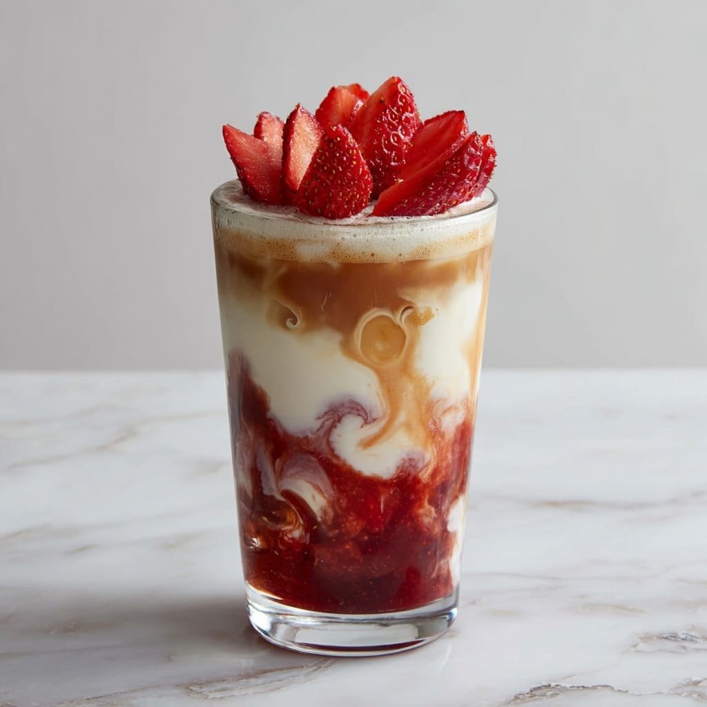 The drink is served in a clear tall glass with four visible layers. The bottom layer is creamy white with light brown swirls mixing softly into the cream. Above it is a light brown to caramel layer that blends into the creamy layer beneath. The third layer is a deep red strawberry sauce that swirls with white cream on the sides of the glass. The top layer is a light foam with several thin slices of bright red strawberry placed on top. The glass sits on a white marbled surface with a plain light background. photo taken with an iphone --ar 1:1 --v 7 - Strawberry Latte, strawberry latte recipe, how to make strawberry latte, fruity coffee drinks, easy berry latte