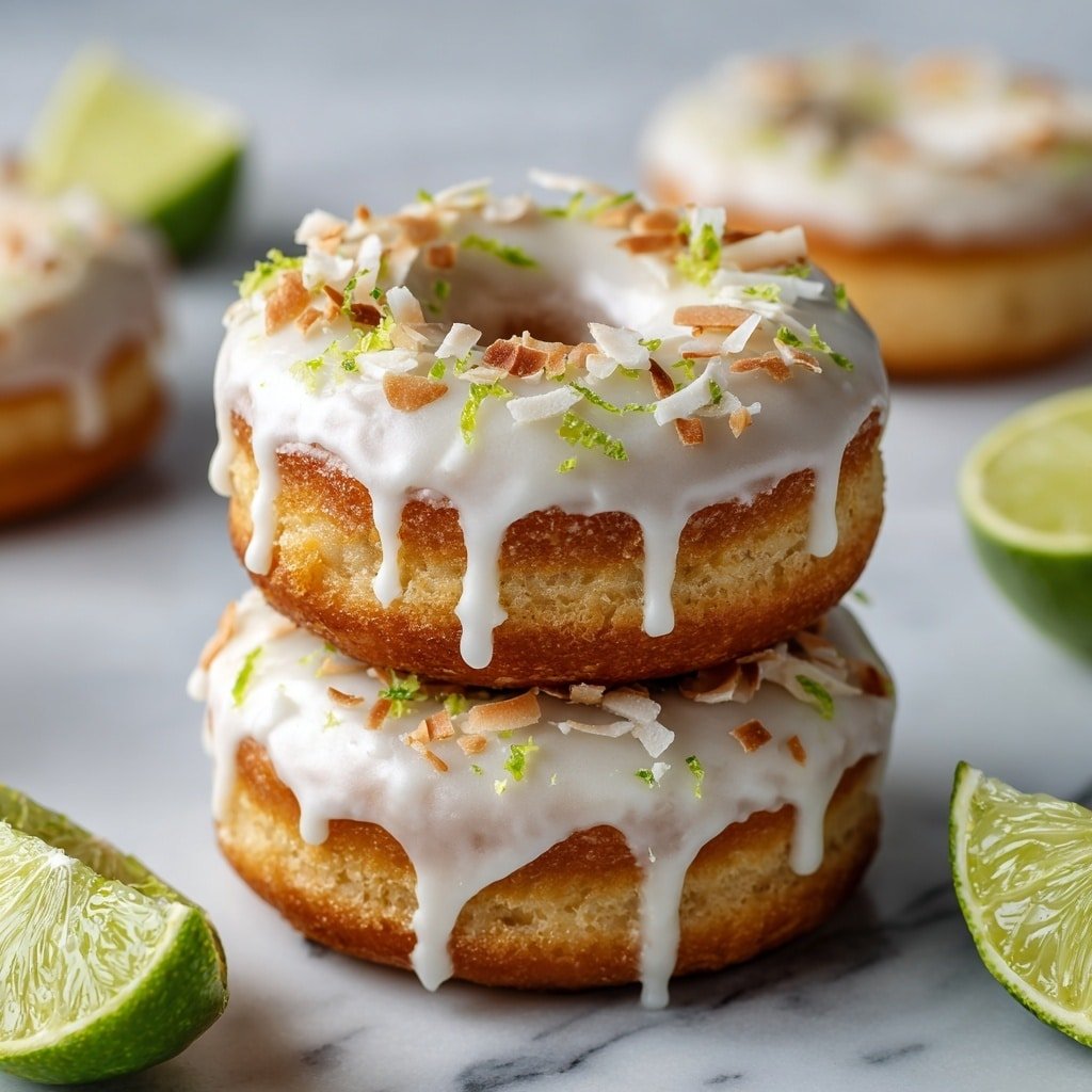 The image shows five doughnuts placed on a white marbled surface, each doughnut having two visible layers: a golden-brown base with a rough texture and a thick white icing layer on top that slightly drips down the sides. The icing is decorated with scattered toasted coconut flakes in pale beige and small green lime zest pieces, creating a crunchy and fresh look. Around the doughnuts are three lime slices, showing a bright green outer skin and a juicy textured inner part. The scene is lit softly, highlighting the textures and colors of the doughnuts and limes with a shallow depth of field focusing on the nearest doughnut. photo taken with an iphone --ar 1:1 --v 7 - Key Lime Coconut Donuts, tropical donuts with lime and coconut, easy lime coconut donut recipe, refreshing breakfast treats, homemade lime coconut pastries