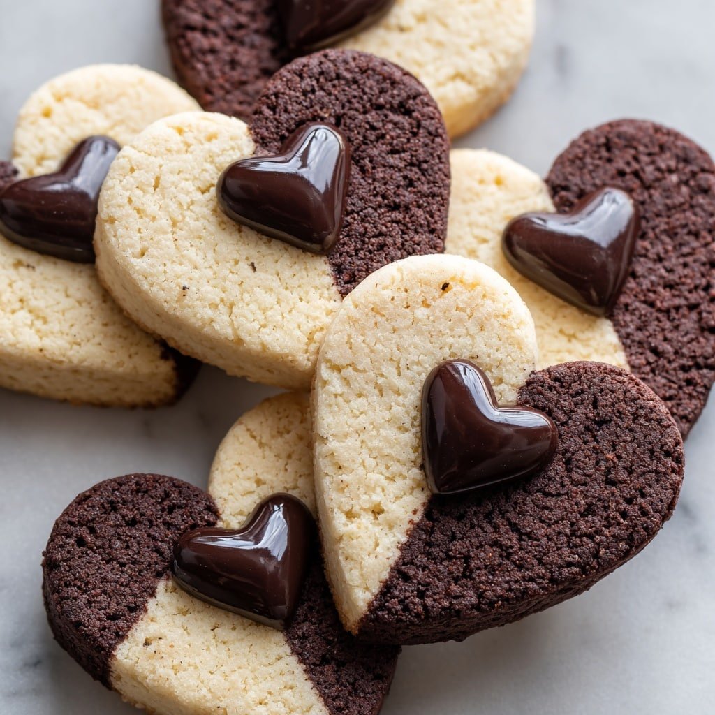 The image shows heart-shaped sandwich cookies arranged closely together on a piece of paper with faint print, placed on a white marbled surface. Each cookie has two layers: the top and bottom layers alternate between dark brown and light beige sections creating a striped pattern that forms the heart shape. In the middle of the sandwich, there is a visible thin white filling. The center of the top cookie has a small, glossy, dark brown heart-shaped chocolate filling that looks smooth and slightly shiny. The overall texture of the cookies appears soft and crumbly. photo taken with an iphone --ar 1:1 --v 7 - Vegan Nutella Linzer Cookies, vegan cookie recipes, dairy-free chocolate hazelnut cookies, plant-based sandwich cookies, holiday vegan treat
