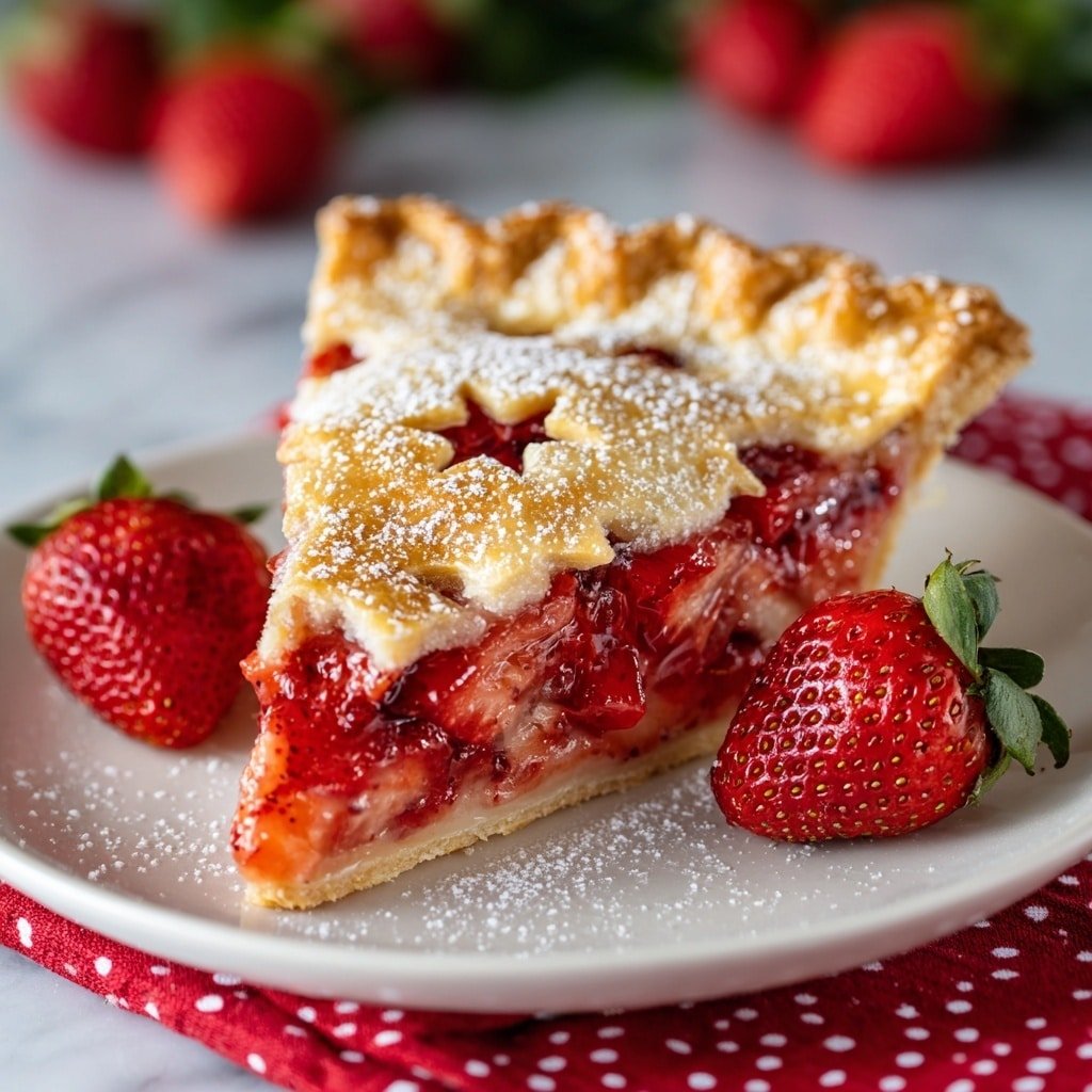 A slice of pie sits on a white plate, showing three layers: a golden-brown crust on top with small star-shaped cutouts and sugar sprinkled over it, a thick middle layer of bright red strawberries and strawberry filling with a shiny, juicy texture, and a light, flaky pie crust base underneath. Two whole red strawberries with green leaves rest on the plate next to the pie. The plate is on a white marbled surface with a red cloth decorated with white polka dots underneath. In the background, blurred red strawberries and a red-and-white checkered container add color. Photo taken with an iphone --ar 1:1 --v 7 - Strawberry Rhubarb Pie, dessert recipes with rhubarb and strawberries, spring fruit pie, classic fruit pie recipe, easiest fruit pie