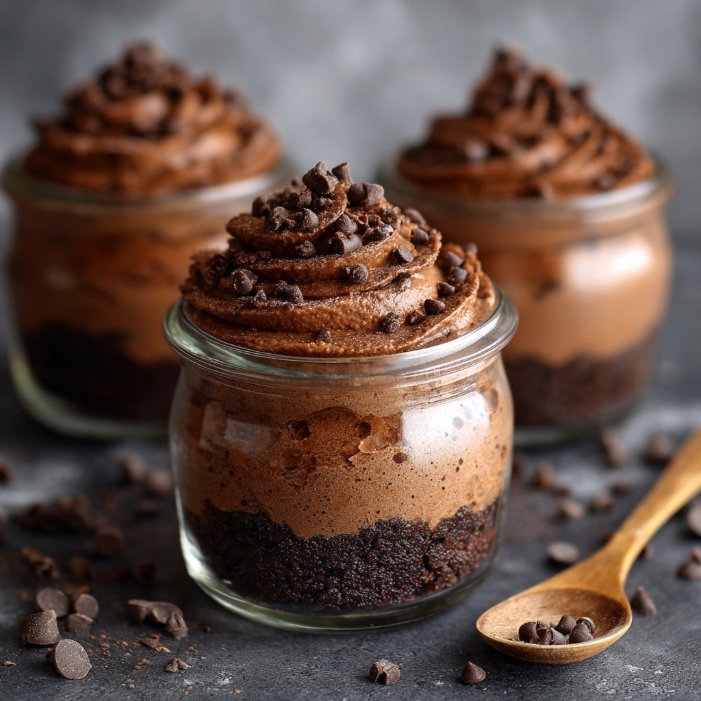 A small clear glass jar holds a layered chocolate dessert, starting with a thick dark brown chocolate base at the bottom, followed by a middle layer of crumbly darker chocolate bits. On top is a swirl of rich, glossy chocolate cream decorated with a few chocolate chips. Around the jar are loose chocolate chips scattered on a white marbled surface, with a small white bowl and a wooden spoon filled with more chocolate chips nearby. A silver spoon lies in front, and blurred jars with similar desserts appear in the background, all shot with soft, natural light. photo taken with an iphone --ar 1:1 --v 7 - Edible Brownie Cookie Dough, chocolate cookie dough, safe to eat cookie dough, fudgy cookie dough recipe, quick dessert recipe