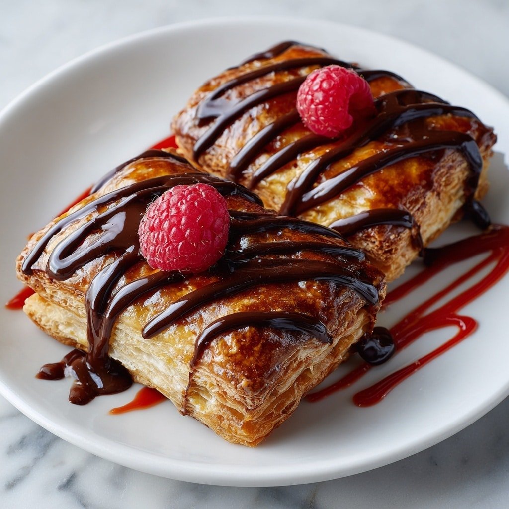 Two square puff pastries sit side by side on a white plate with red sauce drizzled in stripes underneath. Each pastry has multiple golden-brown flaky layers with visible air pockets inside. On top of each pastry, thick dark chocolate sauce is drizzled in smooth curves, and one bright red raspberry with detailed texture sits on each pastry. The plate rests on a white marbled surface. photo taken with an iphone --ar 1:1 --v 7 - Chocolate Fudge Pop Tarts with Raspberry Glaze, homemade pop tarts, chocolate and raspberry pastry, easy breakfast treats, indulgent dessertIdeas