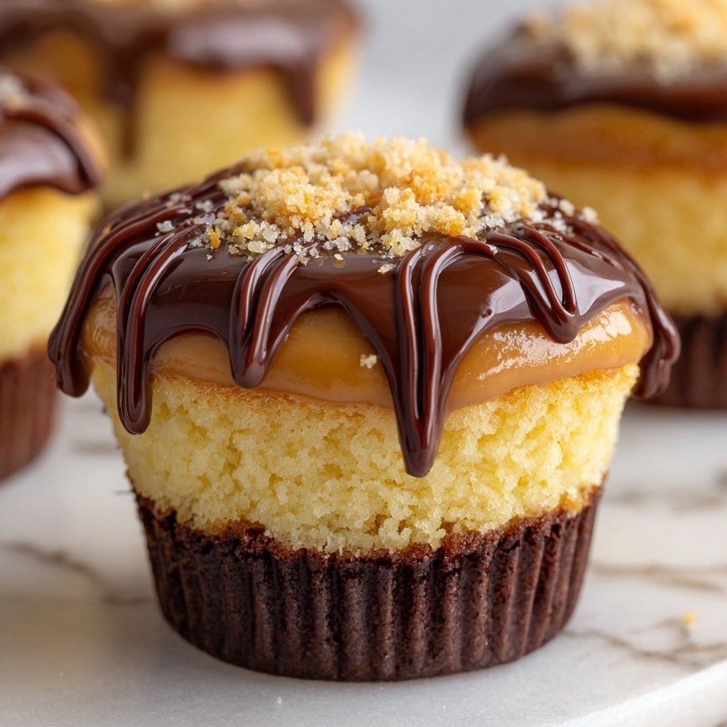 A close-up view of a three-layer cupcake sitting on a white marbled surface. The bottom layer is a dark brown cupcake wrapper with fine ridges, holding a light yellow, soft textured cake. On top of the cake rests a round crumbly beige cookie-like layer with a sandy texture. The top layer is thick, glossy dark brown chocolate ganache that drips slightly over the edges of the crumbly layer, decorated with thin dark chocolate lines across it. Small crumbled beige pieces are scattered on top of the chocolate ganache, adding texture. Photo taken with an iphone --ar 1:1 --v 7 - Delightful Shortbread Cookie Cups, buttery cookie cups with fillings, easy shortbread cookie recipe, chocolate-filled cookie cups, holiday cookie cups
