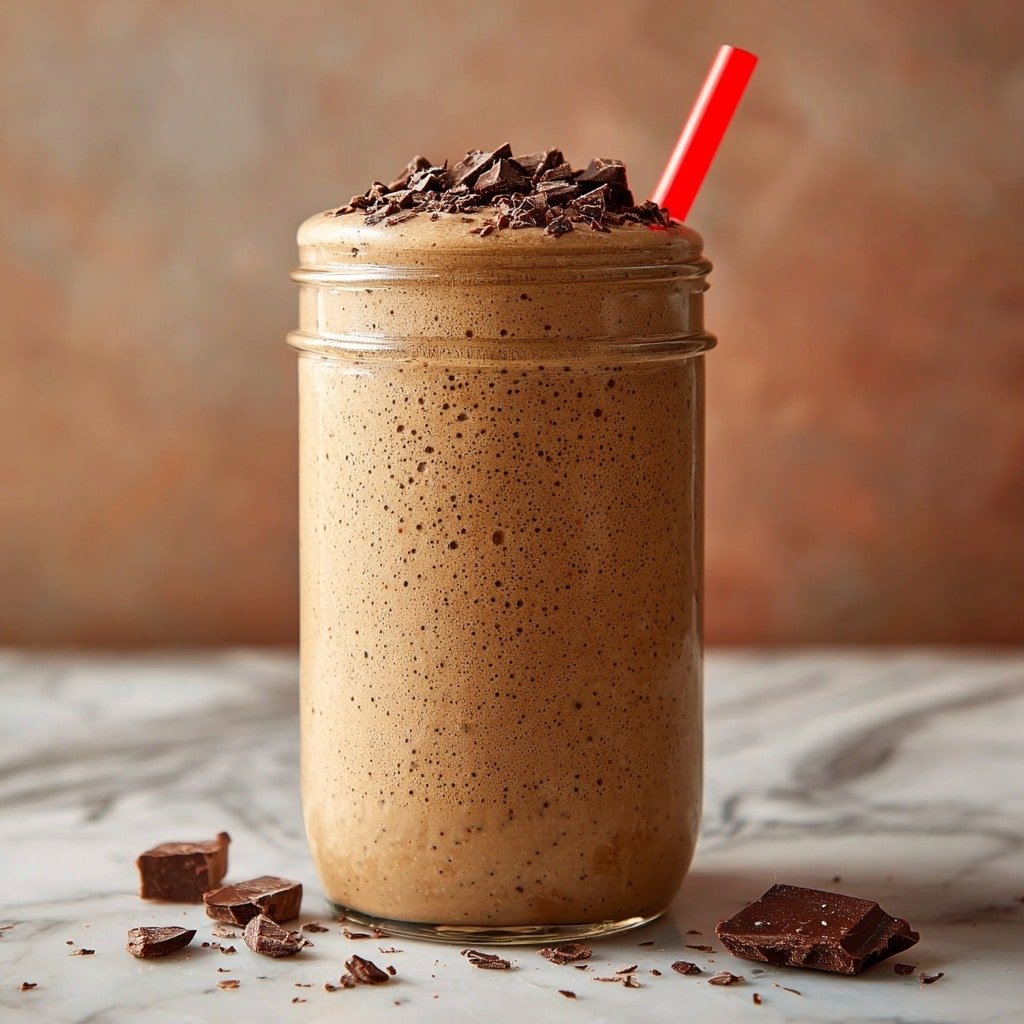 A tall clear glass jar filled with a thick light brown coffee smoothie with small dark specks all through it, showing a bubbly and frothy texture. The smoothie reaches just above the jar’s rim and is topped with a layer of uneven dark brown chocolate chunks. A bright red straw stands upright on the right side, sticking out from the smoothie. The jar sits on a white marbled surface with scattered small pieces of chopped chocolate around it. The background is softly blurred with warm brown tones. photo taken with an iphone --ar 1:1 --v 7 - Chunky Monkey Banana Smoothie, healthy banana smoothie with peanut butter and chocolate, quick breakfast smoothies, protein-packed banana beverage, indulgent fruit smoothies