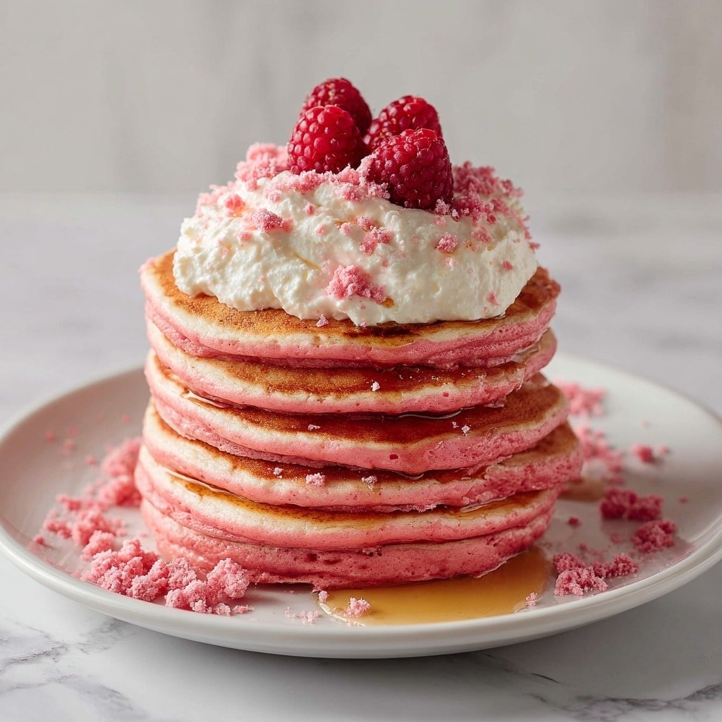 A stack of seven thick pink pancakes sits on a white plate, each pancake smooth and evenly colored with a vibrant pink hue. On top, there is a dollop of light pink cream, soft and fluffy in texture, decorated with four fresh red raspberries and small red crumbs scattered around them. A drizzle of honey falls gently down one side of the pancakes and onto the plate. Additional raspberries and red crumbs are spread around the plate on a white marbled surface in the background. photo taken with an iphone --ar 1:1 --v 7 - Pink Galentines Pancakes, pink pancake recipe, colorful brunch ideas, festive breakfast recipes, Valentine's Day pancake ideas