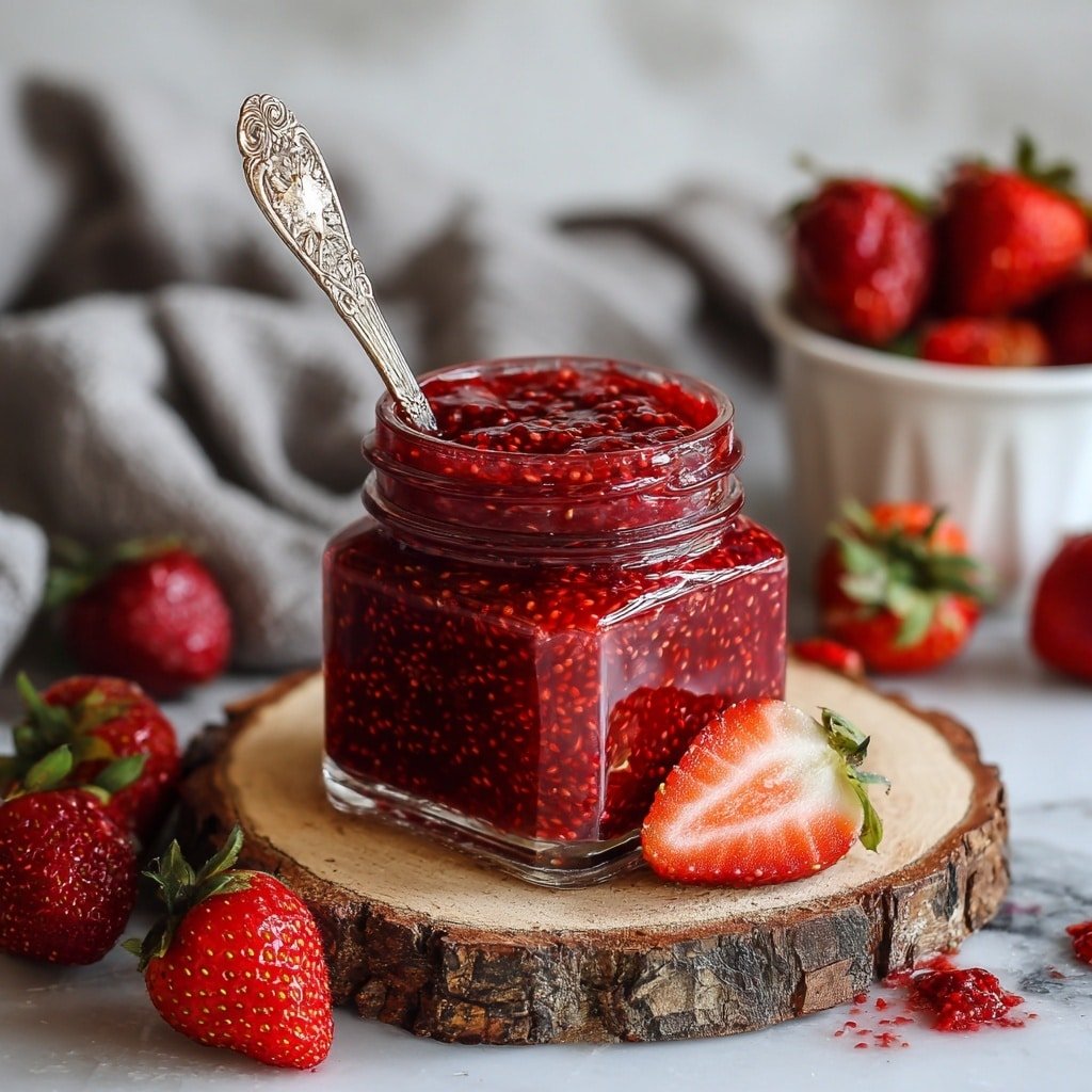 A clear glass jar filled with chunky red strawberry jam, showing small pieces of fruit in the thick texture, has a silver spoon inside it. The jar is on a white marbled surface with tiny black seeds scattered around. In the background, a small silver bowl holds fresh, whole strawberries with green tops, placed on a red cloth. There are also some loose strawberries on the white marbled surface around the jar and bowl. Photo taken with an iphone --ar 1:1 --v 7 - Healthy Strawberry Chia Jam, Homemade strawberry chia spread, Nutritious berry jam, Natural fruit jam recipe, Easy healthy jam