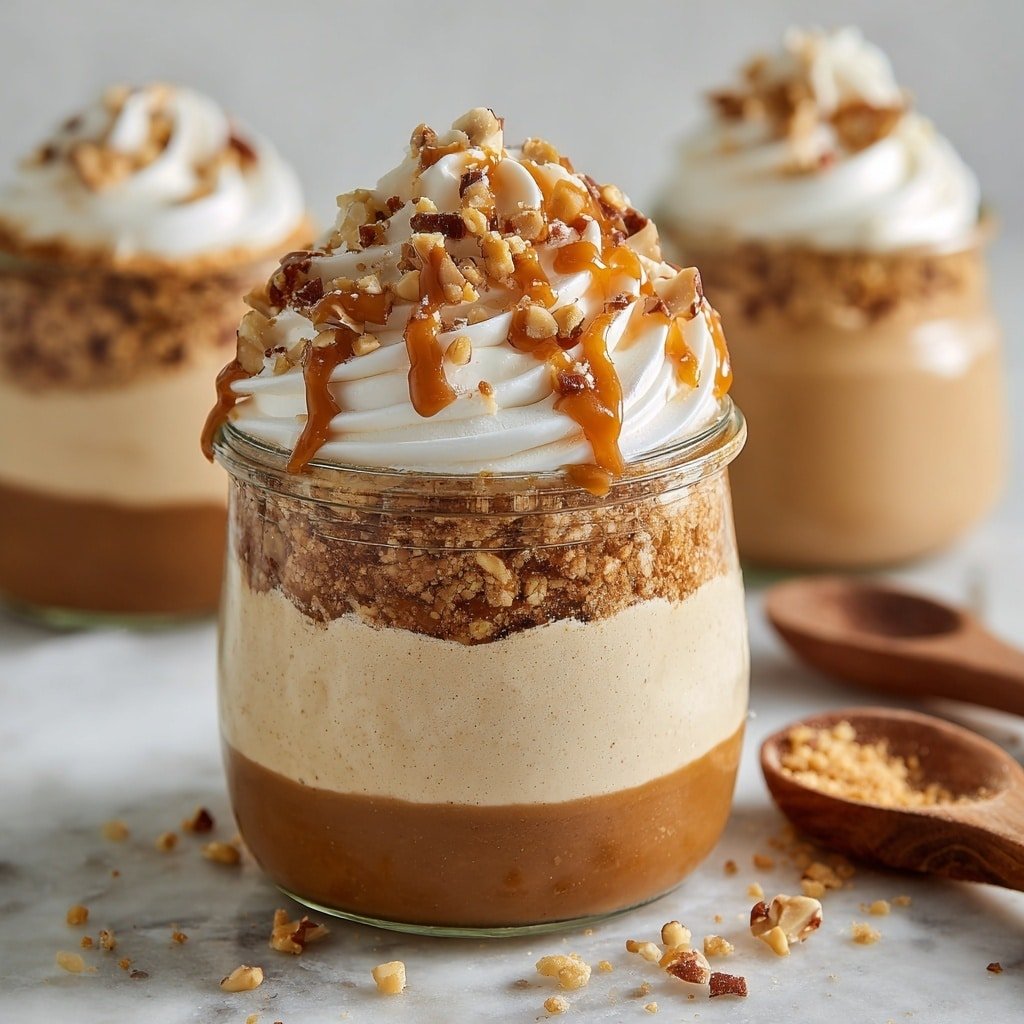 The image shows a clear glass jar filled with three distinct layers. The bottom layer is a smooth, thick caramel brown spread. Above it is a light tan creamy layer with a soft texture, making up most of the jar. The top layer is a whipped, swirled cream light tan topping sprinkled with crushed nuts and brown crumbs, with some caramel sauce dripping down the side of the jar. Around the jar are scattered crushed nuts and crumbs, and a wooden spoon lies on a white marbled surface behind it. In the background, another similar jar can be seen out of focus. Photo taken with an iphone --ar 1:1 --v 7 - Peanut Butter Mousse with Crunchy Peanuts, fluffy peanut butter dessert, easy peanut mousse recipe, crunchy peanut dessert, quick peanut butter treat
