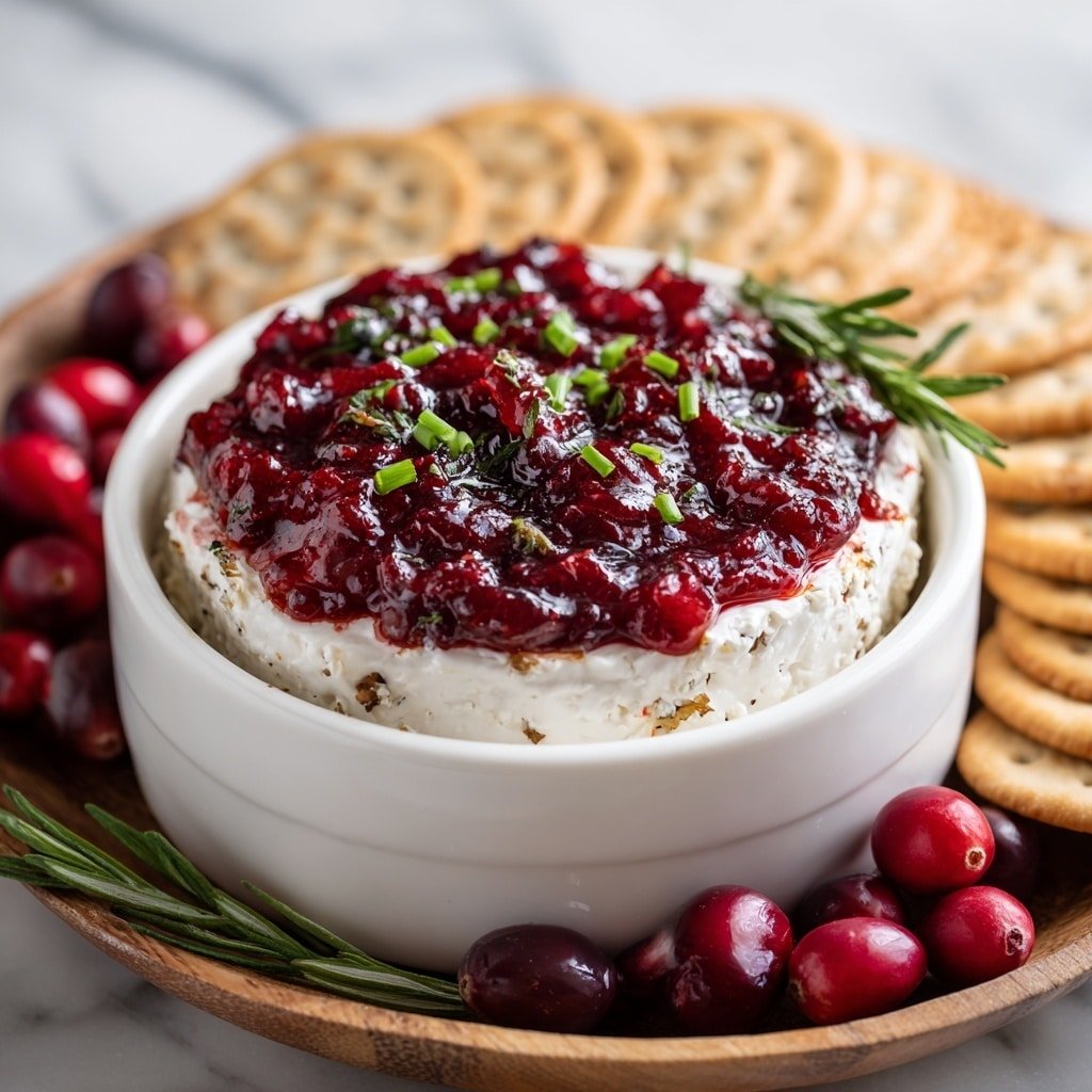 A white bowl filled with two main layers sits center on a white marbled surface. The bottom layer is creamy white cheese with small green herb pieces mixed in, smooth and thick in texture. The top layer is bright red fruit jelly or jam, slightly chunky with visible whole fruit pieces, spreading unevenly and dripping a little down the sides. A few fresh green herb sprigs are placed on top for garnish. Surrounding the bowl are light golden brown round crackers with small holes, and to one side, a small pile of fresh glossy red cranberries adds a pop of color. photo taken with an iphone --ar 1:1 --v 7 - Cranberry Cream Cheese Dip, festive appetizer, easy holiday dip, cranberry cheese spread, quick party dip