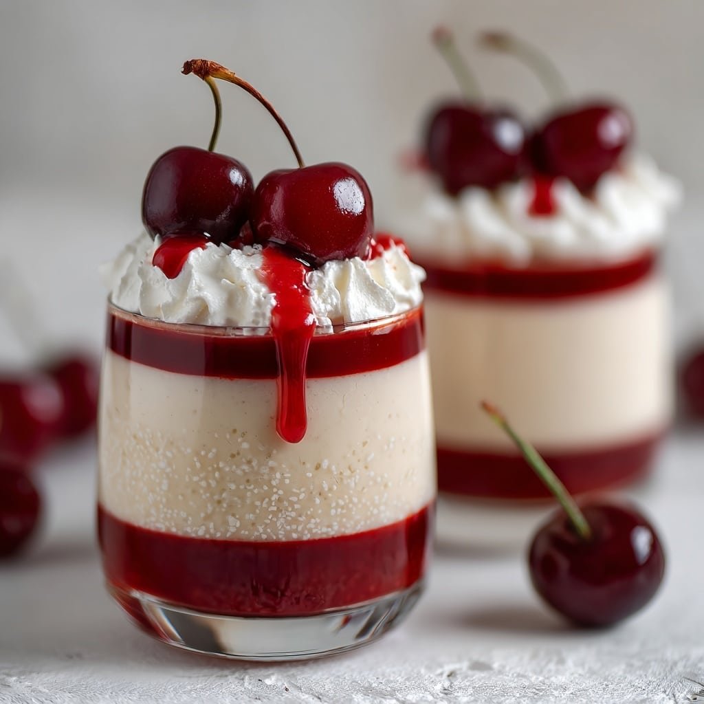 Two clear round glasses sit on a white marbled surface, each filled with three visible layers. The bottom layer is a smooth, deep red jelly. Above it is a thick, creamy beige mousse layer, with tiny bubbles giving it a light texture. On top of the mousse, there is a fluffy white whipped cream layer, arranged in soft peaks. Three shiny, dark red cherries with stems sit on the whipped cream, with some red syrup gently dripping down the sides. More cherries are scattered softly in the background. The photo taken with an iphone --ar 1:1 --v 7 - Cherry Vanilla Latte, Cherry Vanilla Latte recipe, fruity coffee drinks, vanilla espresso beverage, cozy coffee recipes