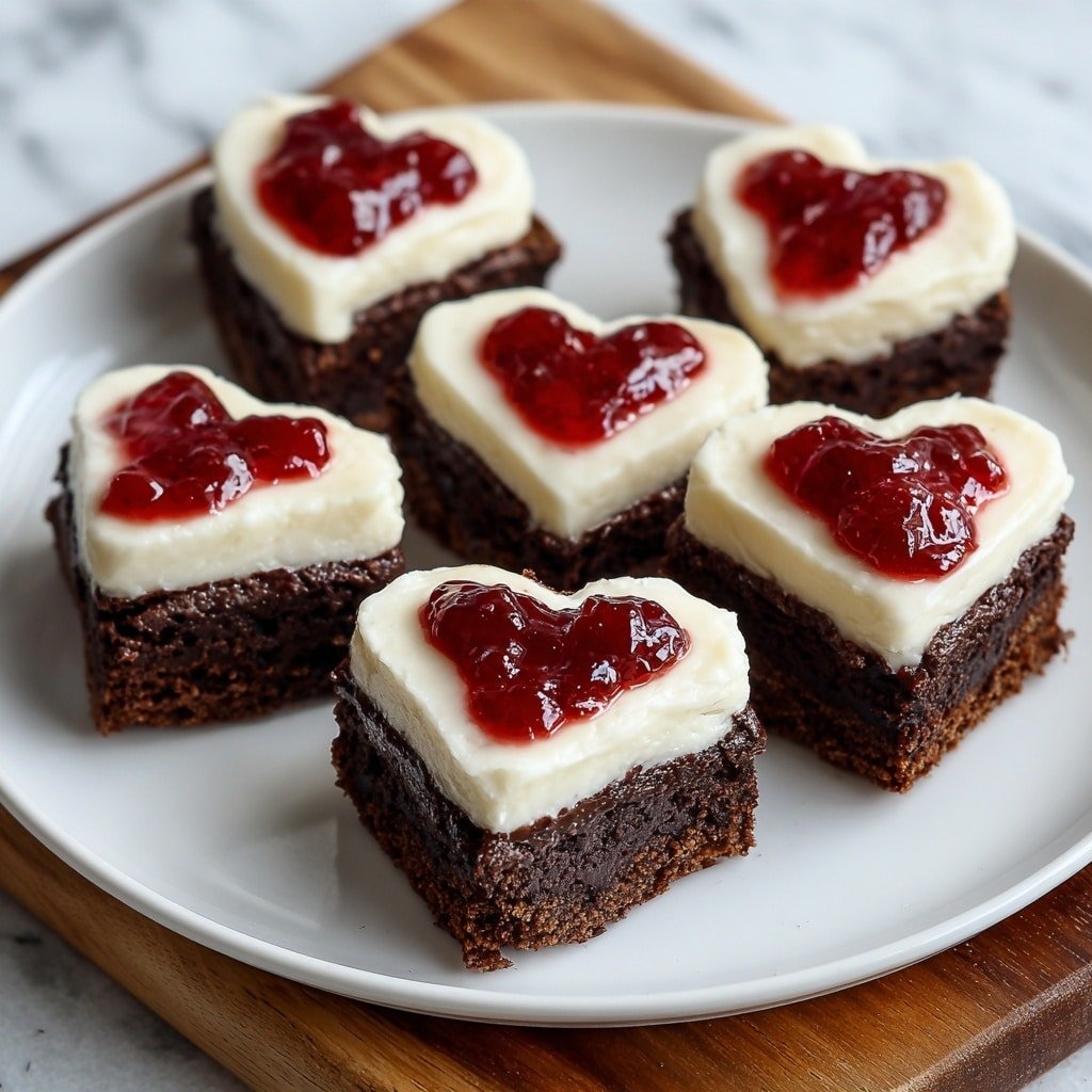 The image shows four heart-shaped chocolate brownie pieces arranged on a white plate. Each brownie has two layers on top: a thick white layer of cream cheese frosting that covers the surface with a smooth texture and irregular edges, and a generous spoonful of red strawberry jam spread unevenly on top of the frosting, adding a shiny and slightly chunky texture. The plate sits on a wooden surface, and part of a black and white checkered cloth is visible nearby. The background is softly blurred with warm tones. photo taken with an iphone --ar 1:1 --v 7 - Chocolate Heart Mini Cakes, Valentine's Day mini cakes, easy chocolate cake recipe, heart-shaped mini desserts, chocolate cream topped cakes