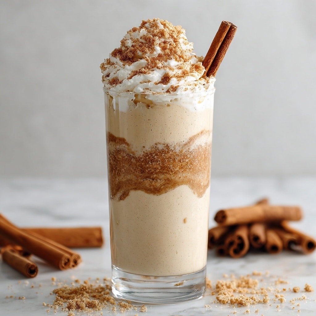 The image shows a clear glass filled with a creamy beige drink that has two visible layers of a darker, grainy texture mixed in, one near the bottom and one in the middle. On top, there is a large swirl of whipped cream sprinkled generously with a crumbly brown topping. Two cinnamon sticks are placed sticking out from the whipped cream at an angle. A woman's hand is holding the glass gently from the bottom, and the background has a soft focus with a bowl of cinnamon sticks blurred out, all set on a white marbled surface. Photo taken with an iphone --ar 1:1 --v 7 - Cinnamon Roll Protein Shake, healthy cinnamon roll shake, protein breakfast shake, quick nutritious smoothie, cinnamon-flavored protein drink