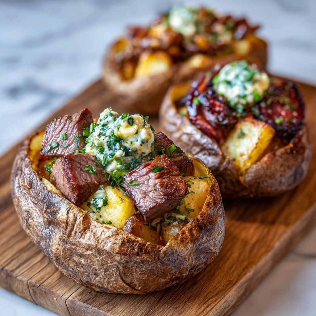 The image shows three baked potatoes with a crispy brown skin, each sliced open to reveal a fluffy golden-yellow inside filled with small roasted potato chunks. On top of these potato chunks sit several pieces of medium-rare steak, which appear juicy with a soft pink center and browned edges. Each potato is topped with a dollop of green herb butter mixed with chopped herbs, adding a bright green and creamy white contrast. These three stuffed potatoes are arranged on a wooden board with a warm, soft-focused background. Photo taken with an iphone --ar 1:1 --v 7 - Grilled Steak Bites Loaded Potatoes, steak bites and loaded potatoes, hearty grilled dinner, steakhouse-inspired stuffed potatoes, easy steak and potato recipe