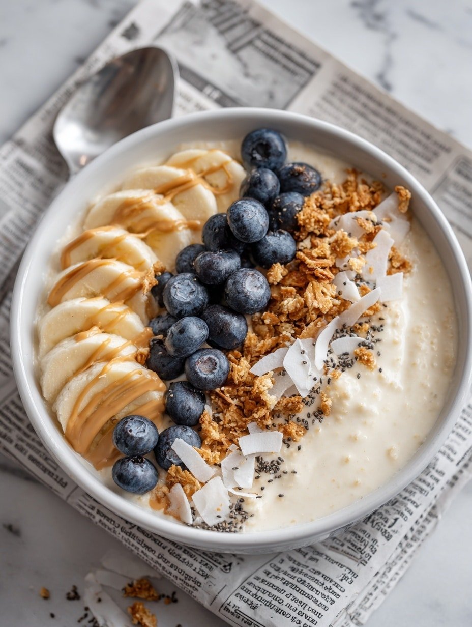 A white bowl filled with creamy oatmeal makes the base layer with a smooth, thick texture. On top, there is a neat row of sliced bananas showing their pale yellow color and soft texture. Next to the bananas, there is a pile of bright blue blueberries with a slightly shiny surface. Toasted golden-brown granola clusters are scattered around the fruit, adding a crunchy texture. Thin white strips of coconut flakes are sprinkled over the bowl. There is a drizzle of light brown peanut butter sauce over the bananas and blueberries, and small black chia seeds are spread on top. The bowl sits on a white marbled surface with a newspaper underneath. Photo taken with an iphone --ar 1:1 --v 7 - Caramelized Banana Overnight Oats, healthy overnight oats with bananas, easy banana breakfast, indulgent oatmeal recipes, quick healthy breakfast ideas