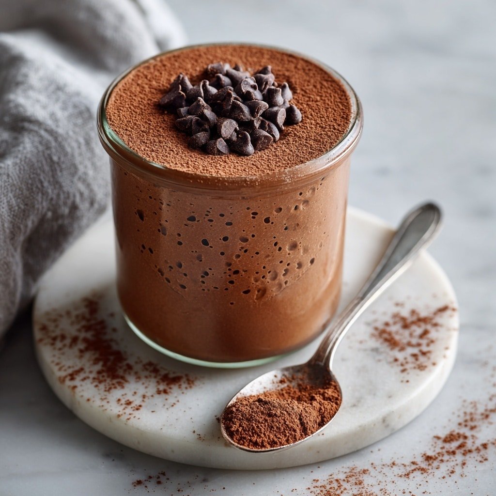 A clear glass jar filled with three main layers: the bottom and middle parts are thick chocolate chia pudding with small chia seeds visible, giving a textured dark brown and slightly bumpy look. The top layer is a smooth dusting of fine cocoa powder spread evenly across the surface, topped in the center with a small pile of dark brown chocolate chips. The jar sits on a white marbled surface with scattered cocoa powder and chocolate chips around it. In the background, a soft beige cloth is partly visible. Photo taken with an iphone --ar 1:1 --v 7 - Chocolate Brownie Overnight Oats, overnight oats with chocolate, healthy breakfast recipes, quick no-cook breakfast, indulgent morning meal