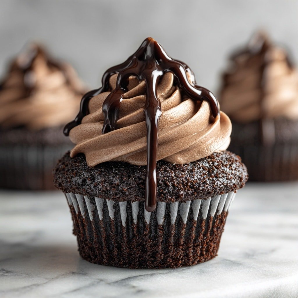 A dark chocolate cupcake with a textured, slightly crumbly base, topped with three tall swirls of smooth, light brown chocolate frosting. Thick, glossy dark chocolate sauce drips down from the top of the frosting, creating shiny lines that contrast with the matte frosting texture. The cupcake is placed on a smooth white marbled surface with a soft, dark blurred background showing other similar cupcakes. photo taken with an iphone --ar 1:1 --v 7 - Espresso Brownie Cupcakes, chocolate brownie cupcakes with espresso, easy espresso brownie cupcakes recipe, rich chocolate espresso cupcakes, fudgy espresso cupcakes