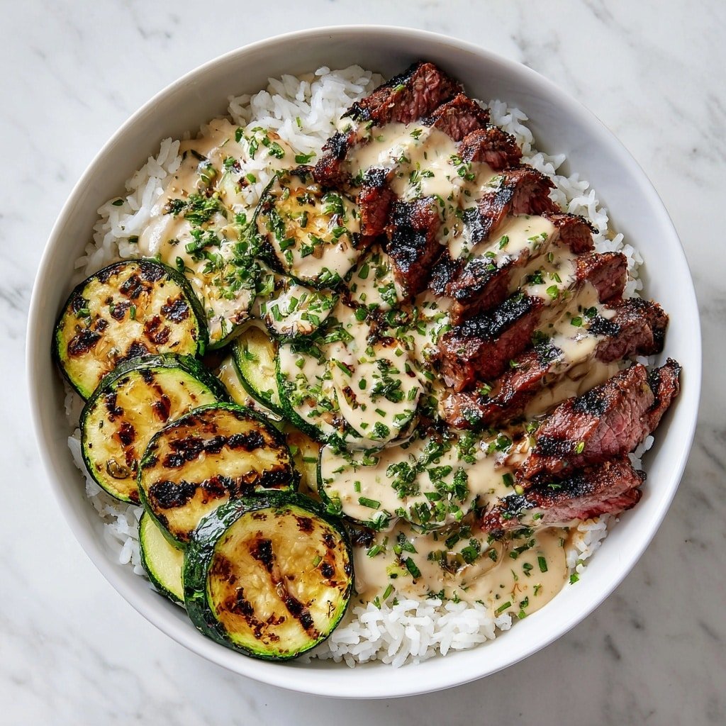 A white bowl holds a dish with three main layers: the bottom layer is white fluffy rice, topped with grilled zucchini slices that have dark charred grill marks and a green skin with a slightly shiny texture, arranged evenly around the bowl. The top layer has several slices of medium-rare grilled steak with dark, crisp grill lines and a pinkish-red center. On top of the steak, there is a creamy pale yellow sauce flecked with green herbs, smoothly spread across the meat. The bowl sits on a white marbled surface. photo taken with an iphone --ar 1:1 --v 7 - Grilled Steak Bowl with Herb Sauce, healthy steak bowls, easy dinner ideas, flavorful steak recipes, quick summer meals