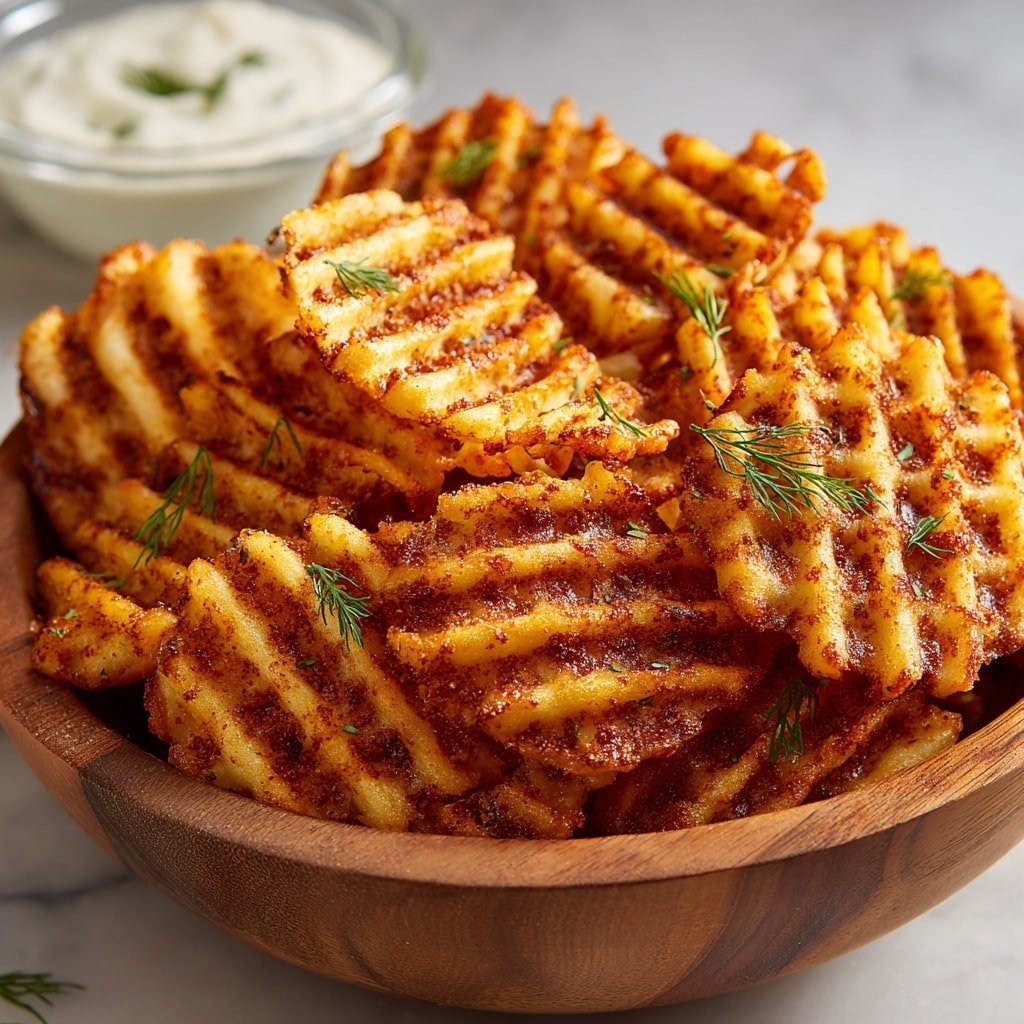 The image shows a white bowl filled with golden crinkle-cut fries that have a crispy texture and a reddish spice powder sprinkled all over. The fries are stacked in layers with some green fresh dill leaves scattered on top for color contrast. In the background, there is a small white bowl filled with a creamy white sauce with green herbs mixed in. The whole setup is placed on a white marbled surface. photo taken with an iphone --ar 1:1 --v 7 - Crispy Cottage Cheese Chips, healthy cottage cheese snacks, easy savory chips recipe, crunchy cheese snack, homemade cottage cheese chips