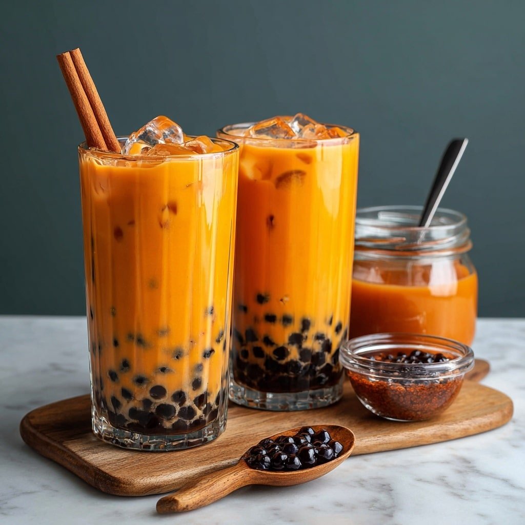 The image shows two tall, clear glasses filled with orange Thai milk tea layered with black tapioca pearls at the bottom. The tea is cold with ice cubes floating near the top and a cinnamon stick placed upright in the front glass. The glasses are placed on a wooden board, which also holds a small wooden spoon filled with shiny black tapioca pearls. Behind the glasses, there is a small clear jar filled with orange tea. The background features a soft blue tone with a faint white marbled surface underneath. photo taken with an iphone --ar 1:1 --v 7 - Thai Iced Tea with Boba, Thai iced tea recipe, homemade Thai bubble tea, how to make Thai iced tea with boba, Thai tea with tapioca pearls