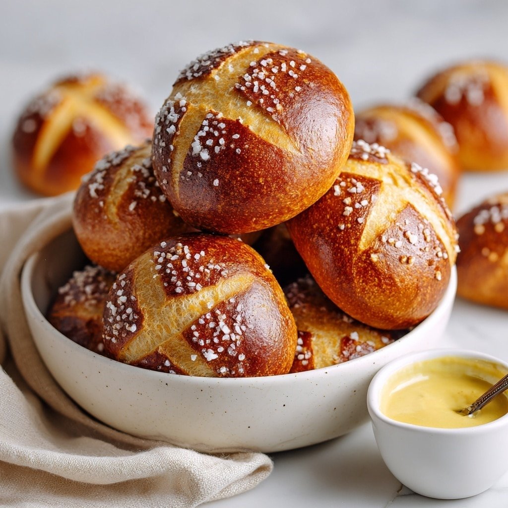 A white bowl filled with round pretzel buns stacked in layers, each bun showing a deep brown shiny crust with golden highlights from baking. The buns have a textured surface with large grains of coarse salt sprinkled on top and a clear cross cut on each, revealing soft pale interior dough. In the background on a white marbled surface, more pretzel buns are scattered with some showing their soft inside facing the camera. To the right, a white cup filled with creamy yellow mustard sauce is partly visible with a spoon inside. photo taken with an iphone --ar 1:1 --v 7 - Soft Pretzel Bites, easy pretzel bites recipe, chewy pretzel snacks, homemade pretzel appetizers, quick pretzel bites