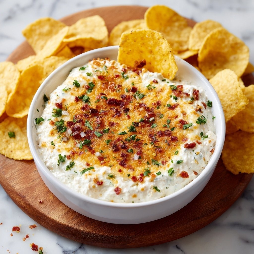 A white round bowl is filled with a baked cheesy dip that has a golden-brown top layer with small browned spots. On the cheese, in the center, there is a small pile of finely chopped red tomatoes and green herbs. The cheese looks creamy and stretchy as a yellow corn chip is dipped into the dip, showing the cheese pulling up. The bowl sits on a dark wooden board with green cilantro leaves around it, and many yellow corn chips are spread in the background on a white marbled surface. Photo taken with an iphone --ar 1:1 --v 7 - Creamy White Cheese Dip, White Cheese Dip for Nachos, Easy Cheese Dip Recipe, Melty Cheese Dip, Delicious Nacho Dip