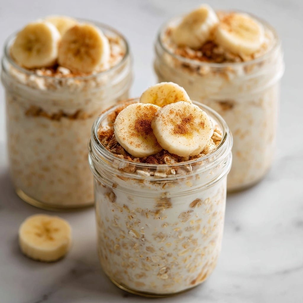 A clear glass jar filled with two layers of creamy oatmeal mixed with small oat flakes, the texture looks soft and slightly thick. On top, there are three round banana slices placed closely together, sprinkled evenly with a light dusting of brown cinnamon powder. The jar sits on a surface with a white marbled texture, and two more jars with the same contents are blurred in the background. photo taken with an iphone --ar 1:1 --v 7 - Brown Sugar Overnight Oats, Healthy Breakfast Ideas, Easy Overnight Oats, Quick Morning Breakfast, Cozy Breakfast Recipes