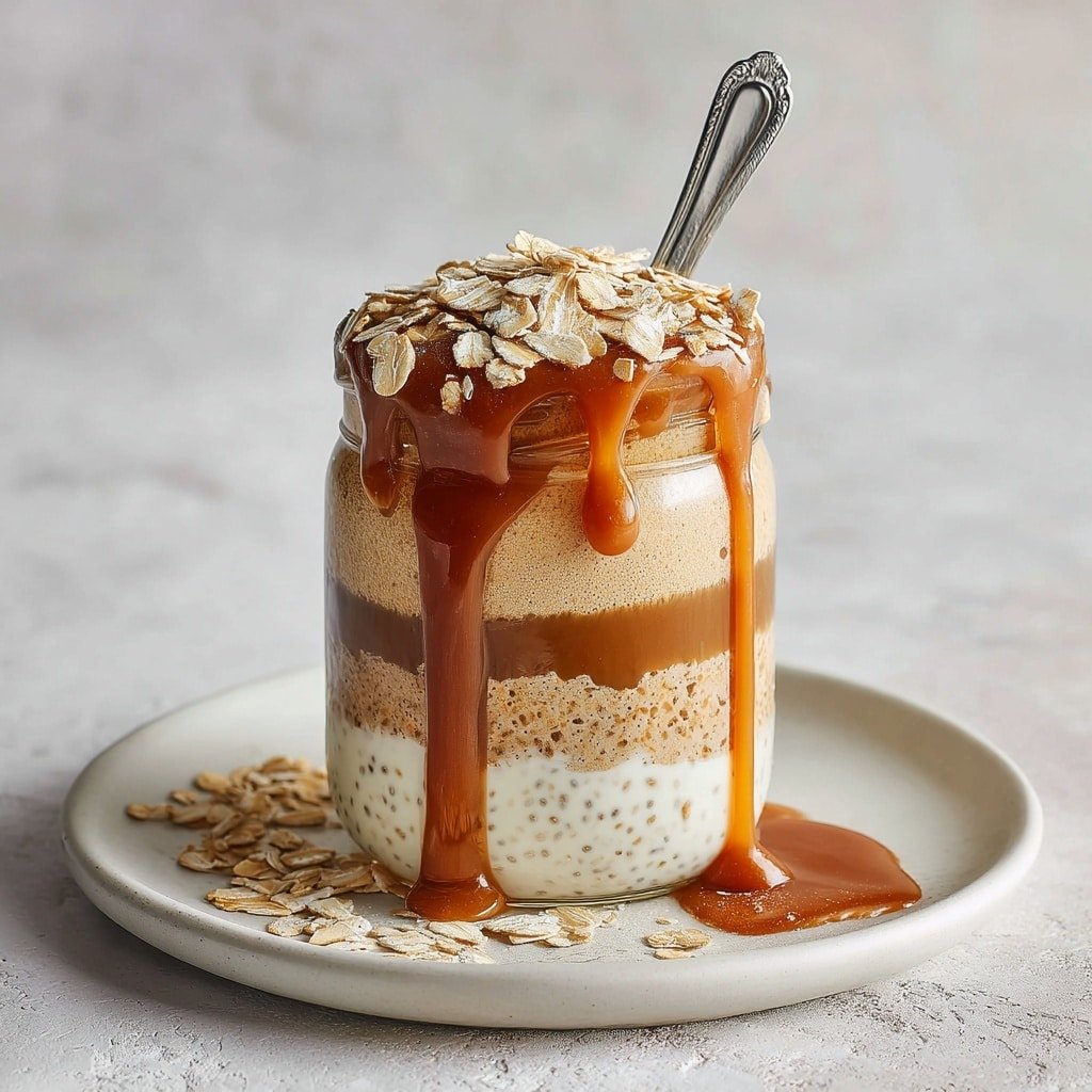 The image shows a small glass jar with three thick layers of creamy oatmeal. The bottom layer is light brown, the middle layer is creamy white with visible oats, and the top layer is dark brown. Thick caramel sauce is poured over the top, dripping down the jar and spreading onto the white plate beneath. The jar is topped with a small pile of dry oat flakes, and some oat flakes are scattered around on the plate. The background is a white marbled texture. Photo taken with an iphone --ar 1:1 --v 7 - Caramel Espresso Overnight Oats, healthy overnight oats, easy breakfast recipes, morning meal ideas, coffee infused oats