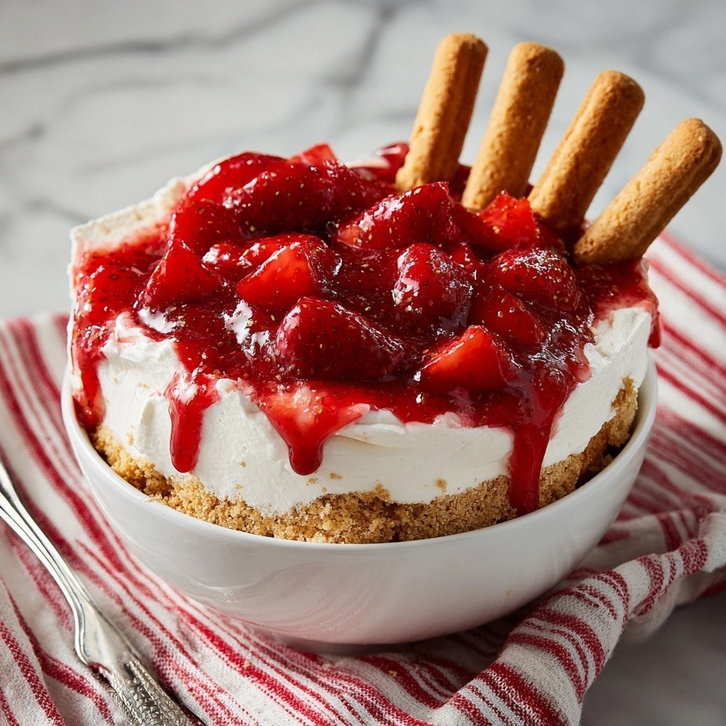 The image shows a small round cheesecake with three clear layers: a bottom layer of light brown crumbly crust, a thick middle layer of smooth white cream cheese filling, and a top layer of bright red strawberry sauce with whole and sliced strawberries that look shiny and fresh. Three light brown wafer sticks are placed vertically in the top layer. The cake is in a white bowl, sitting on a red and white striped cloth, on a white marbled surface. photo taken with an iphone --ar 1:1 --v 7 - Strawberry Cheesecake Dip, easy strawberry dessert, no-bake cheesecake dip, creamy fruit dip, crowd-pleasing strawberry treat