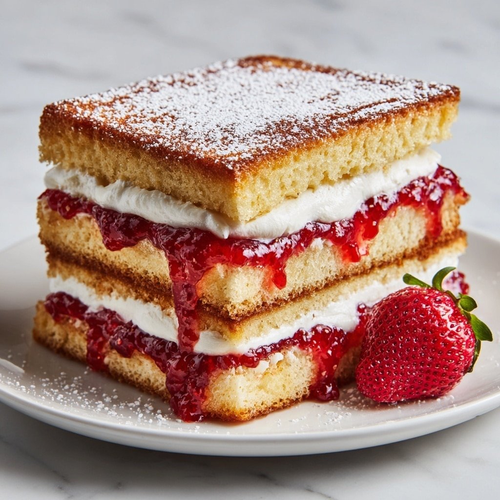 The image shows three square-shaped dessert sandwiches on a white plate, set on a white marbled surface. Each sandwich has two layers of golden-brown, lightly crispy textured cake dusted with powdered sugar on top. Between the layers, there is a thick white cream layer with a dripping red strawberry jam layer above it, creating a rich and smooth contrast. Two whole fresh strawberries with shiny bright red skin and green tops are placed on the plate beside the sandwiches. The photo has a warm, inviting feel. photo taken with an iphone --ar 1:1 --v 7 - Fried Strawberry Cheesecake Sandwiches, strawberry cheesecake sandwiches, fried dessert sandwiches, easy cheesecake sandwiches, strawberry and cream dessert