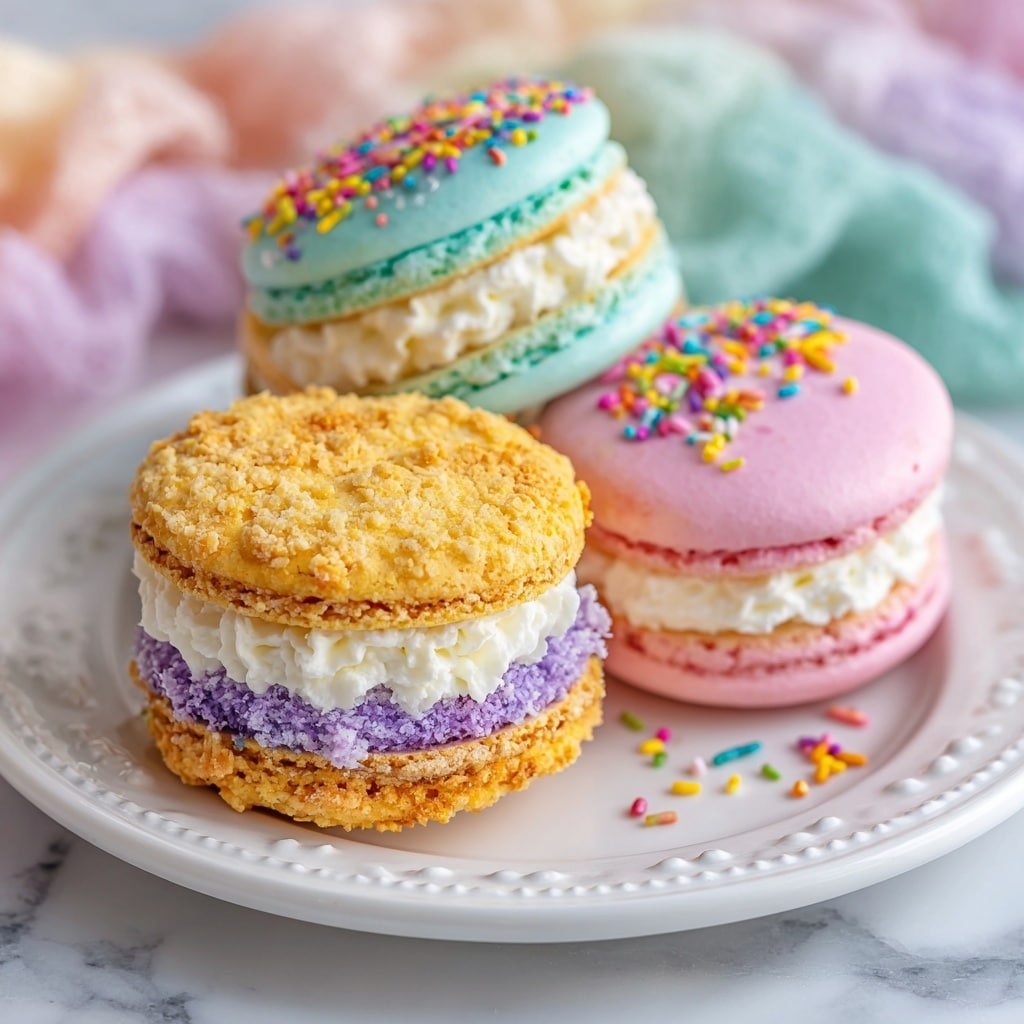 The image shows three soft macaron sandwiches on a white plate with detailed edges, placed on a white marbled surface with pastel-colored cloths under the plate. Each macaron has two textured cookie layers with creamy white filling in the middle. The front macaron is light yellow with purple crumb coating on the filling edges. Behind it, one macaron is light blue with colorful sprinkles around the white cream, and the other is pink with a slight crumb texture. The background is softly blurred with pastel colors. Photo taken with an iphone --ar 1:1 --v 7 - Pastel Sugar Cookie Sandwiches, colorful cookie sandwiches, spring cookies, easy cookie recipes, butter cookies with filling