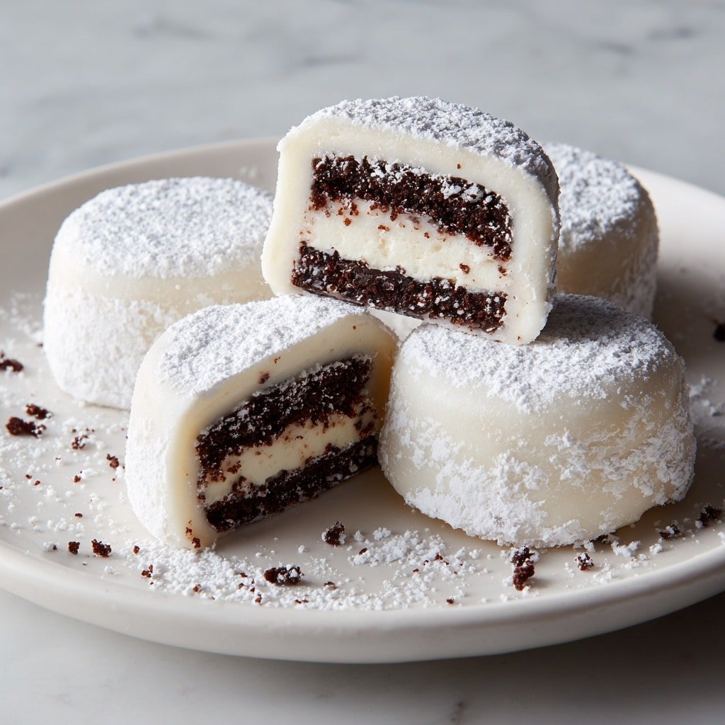 A white plate on a white marbled surface holds several round desserts with a smooth white outer layer dusted with powdered sugar. Some are whole, while one is halved and placed on top, showing three layers inside: a dark, crumbly chocolate layer at the bottom, a creamy white center, and another dark chocolate layer on top. The outer white layer is thin and slightly glossy, wrapping the dessert like a soft shell. Powdered sugar sprinkles scatter around the plate, adding a delicate touch. Photo taken with an iphone --ar 1:1 --v 7 - Oreo Mochi, Oreo Mochi Recipe, Mochi desserts, Chewy Oreo treats, homemade Oreo mochi