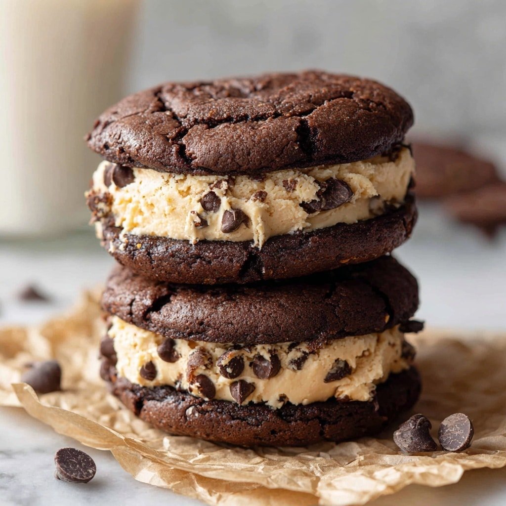 Two stacked chocolate cookie sandwiches sit on a crumpled piece of light brown parchment paper against a white marbled texture background. Each sandwich has two thick, dark brown, cracked chocolate cookies acting as the top and bottom layers, holding a thick middle layer of light tan cookie dough mixed with small dark chocolate chips, some chips slightly embedded and some resting on the dough’s surface. A few chocolate chips are scattered around the base on the white marbled texture. The focus is sharp on the front cookie sandwich, showing the rough texture and soft dough, while the background softly blurs, with part of a glass of milk visible. Photo taken with an iphone --ar 1:1 --v 7 - Brownie Cookie Sandwiches, brownie cookie recipes, chewy dessert sandwiches, chocolate dessert ideas, easy brownie and cookie treats