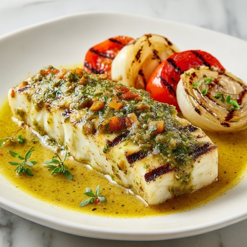 A white plate holds a piece of grilled fish with dark grill marks, topped with a thick green herb sauce with small chunks of onion, lying on a thin layer of greenish oil. To the right side of the fish, there are pieces of grilled onions and red tomatoes with visible grill lines, all resting on a white marbled surface. Some green herbs are scattered near the plate edges. Photo taken with an iphone --ar 1:1 --v 7 - Grilled Fish with Chimichurri Sauce, grilled fish recipe, chimichurri sauce recipe, healthy fish dinner, easy grilled fish