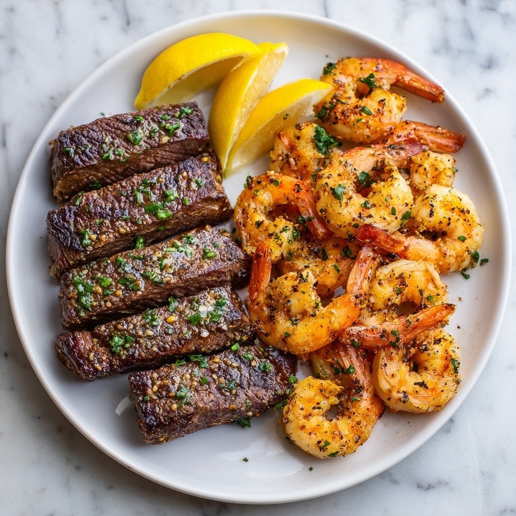 A white plate with a grilled steak in the center showing dark brown grill marks and sprinkled with green herbs, next to several cooked shrimp with a light orange and white color also topped with green herbs. There are two lemon wedges and a small block of butter placed near the steak, along with a bunch of fresh green parsley in the background, all set on a white marbled surface. The plate has some juices and a few herbs scattered around. Photo taken with an iphone --ar 1:1 --v 7 - Blackened Steak with Shrimp Scampi, blackened steak recipe, shrimp scampi, quick seafood dinner, upscale weeknight meal