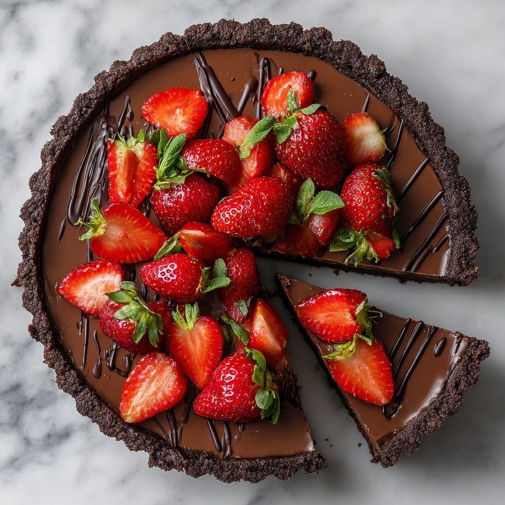 A round tart with a dark, crumbly chocolate crust forms the outer layer, holding a smooth, shiny chocolate filling that covers the base evenly. On top, fresh red strawberries, some whole with green leaves and some sliced to show their juicy interior, are scattered thickly in the center. Thin lines of dark chocolate drizzle cross over the strawberries and filling, adding texture and contrast. One slice is separated slightly from the rest, showing the layers clearly. The tart sits on a white marbled surface. photo taken with an iphone --ar 1:1 --v 7 - Chocolate Strawberry Tart, easy chocolate fruit tart, no-bake strawberry dessert, chocolate ganache tart, fresh fruit tart recipe