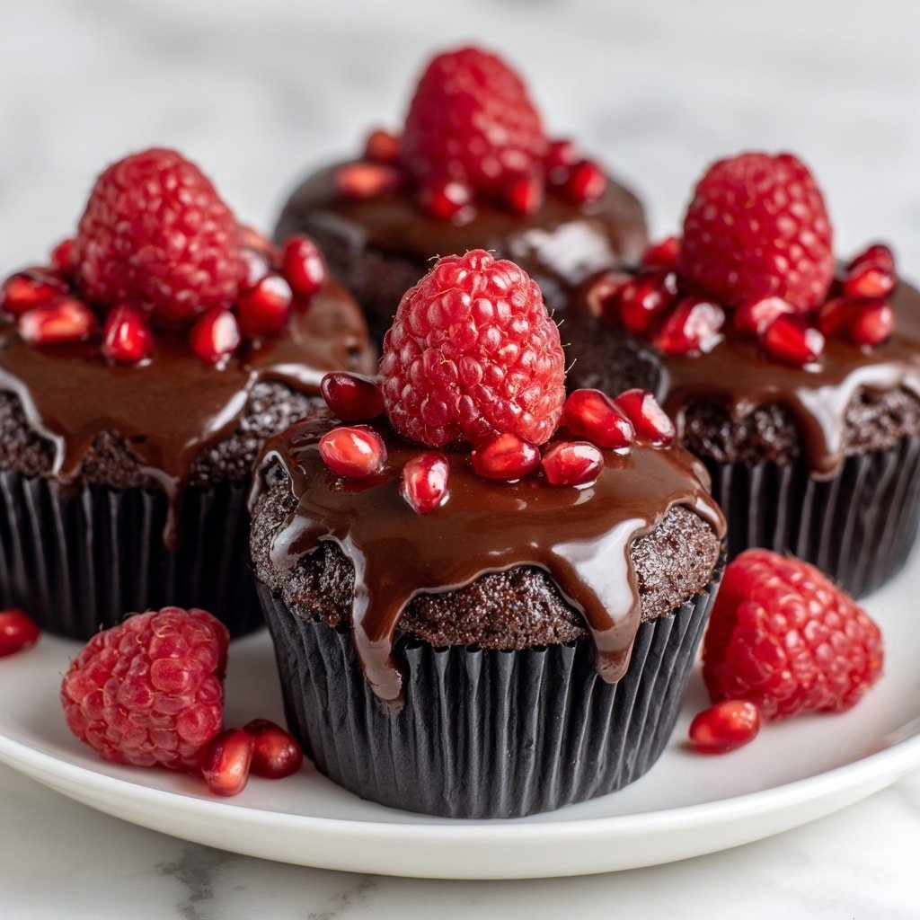 A white plate holds four chocolate cupcakes wrapped in black liners. Each cupcake has a thick, shiny layer of dark chocolate sauce dripping slightly down the sides. On top of each cupcake, there is one large, red raspberry surrounded by small, shiny red pomegranate seeds scattered on the chocolate layer. Additional raspberries rest on the plate around the cupcakes. The background is a white marbled texture. photo taken with an iphone --ar 1:1 --v 7 - Raspberry Chocolate Lava Cupcakes, molten chocolate cupcakes with raspberry, easy chocolate lava cupcakes, decadent raspberry dessert, fast chocolate cupcake recipes