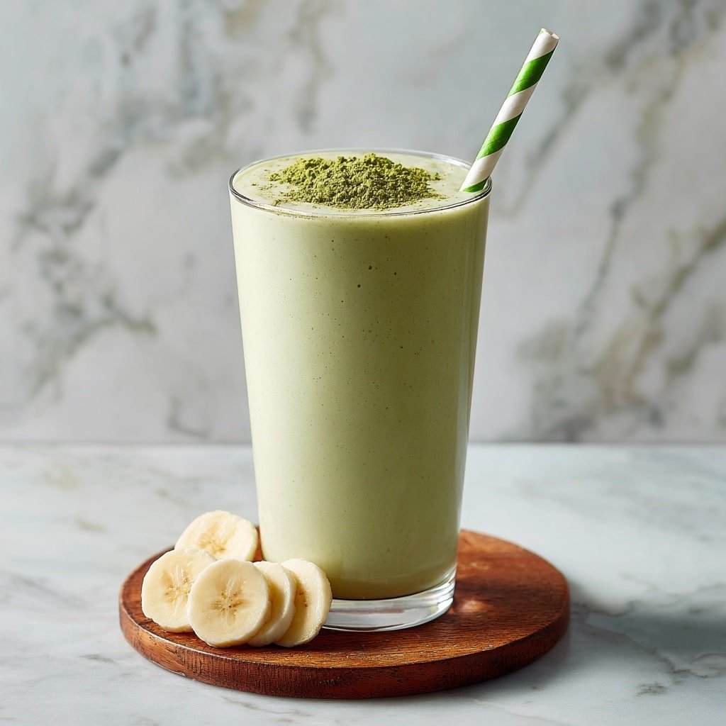 A tall clear glass filled with a thick pale green smoothie sitting on a round wooden coaster. On top of the smoothie, there is a small pile of green powder and a row of five banana slices arranged in a curved line near the edge. A green and white striped paper straw is placed diagonally in the smoothie on the right side. The background is a white marbled texture. photo taken with an iphone --ar 1:1 --v 7 - Banana Matcha Smoothie, healthy green smoothie, easy smoothie recipes, energizing breakfast drinks, vegan smoothie ideas