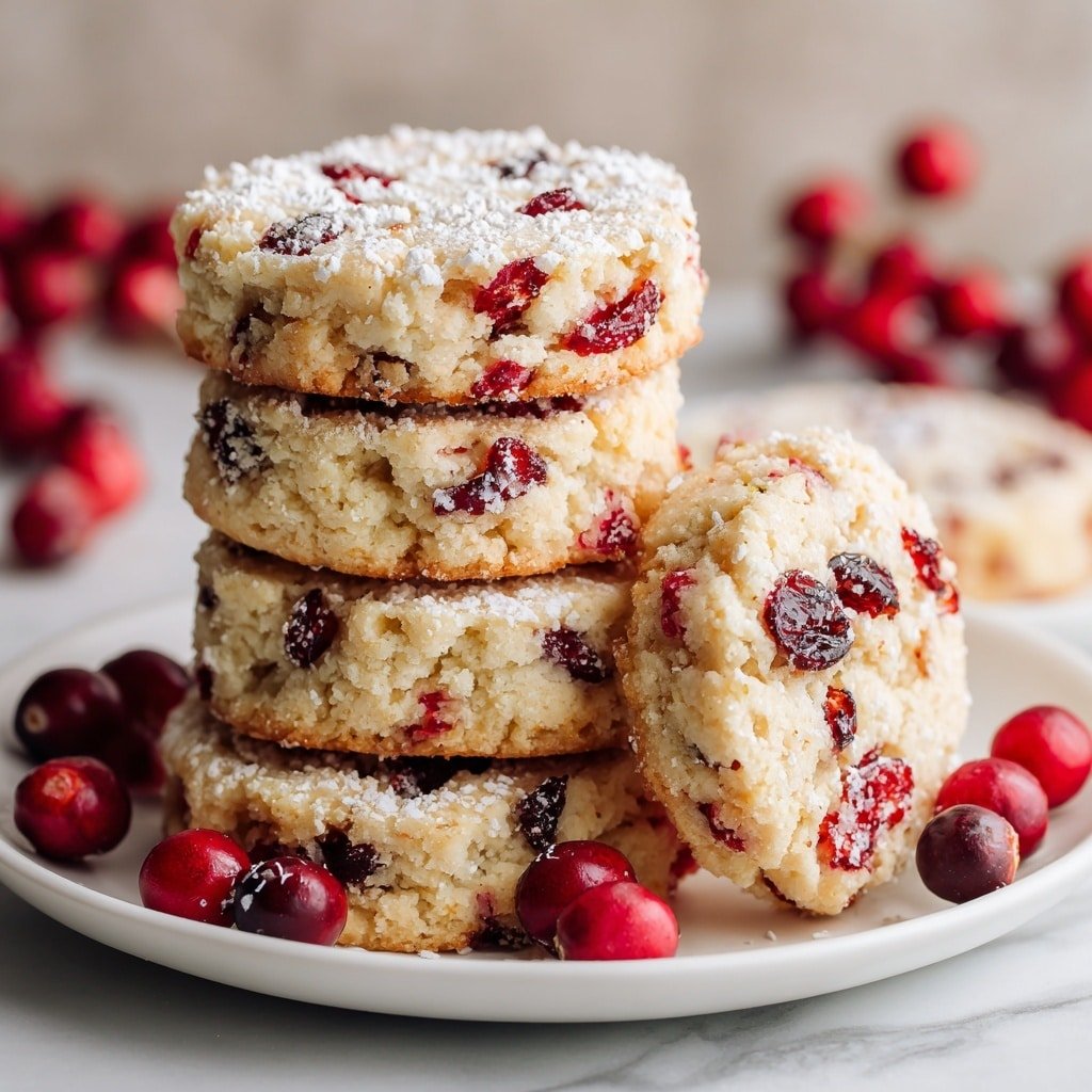 A stack of seven round shortbread cookies with a crumbly texture is displayed on a white plate, each cookie mixed with bright red dried cranberries scattered throughout. The top cookie is dusted with a light layer of powdered sugar, giving a soft white contrast to the pale golden cookie base. Around the plate, there are fresh red cranberries adding a pop of color. The cookies are arranged closely, some leaning against each other, showing rough edges and a dense, crumbly interior. The background is softly blurred with warm tones while the plate sits on a white marbled surface. photo taken with an iphone --ar 1:1 --v 7 - Cranberry Shortbread Cookies, shortbread cookie recipe with cranberries, festive cranberry cookies, buttery cranberry cookies, easy holiday cookie recipes