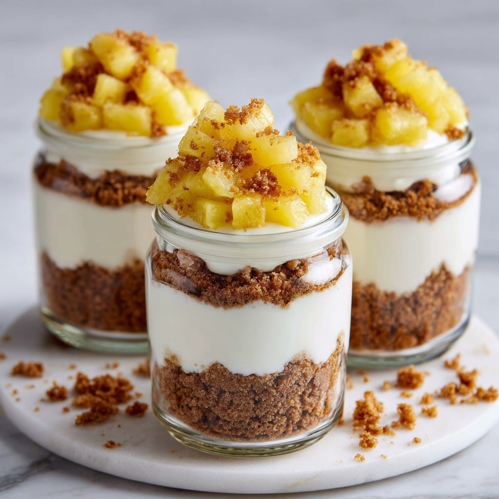 Three clear glass jars are filled with a dessert in four visible layers. The bottom and third layers are a crumbly brown texture. The second and top layers are smooth white cream, thick and even. On top of each jar is a layer of shiny golden-yellow diced pineapple pieces, mixed with small brown crumb bits, piled high. The jars are placed on a white marbled surface scattered with more crumbs around them. Photo taken with an iphone --ar 1:1 --v 7 - No-Bake Apple Cheesecake Jars, easy fall dessert, apple cheesecake parfait, no-bake cheesecake recipes, cherry cheesecake jars